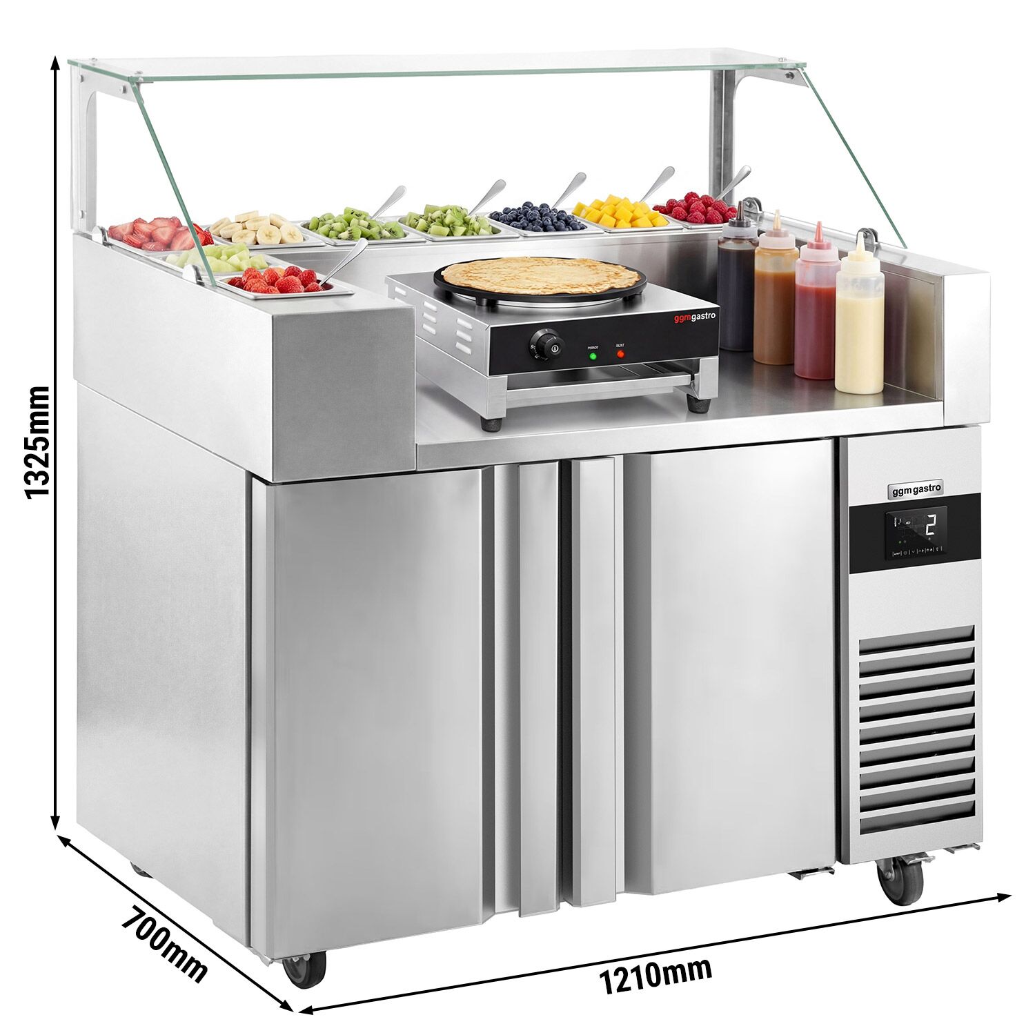 Tillberedningsbord - 1,21 x 0,7 m - med 2 dörrar - inkl. crepes maker med 1 platta