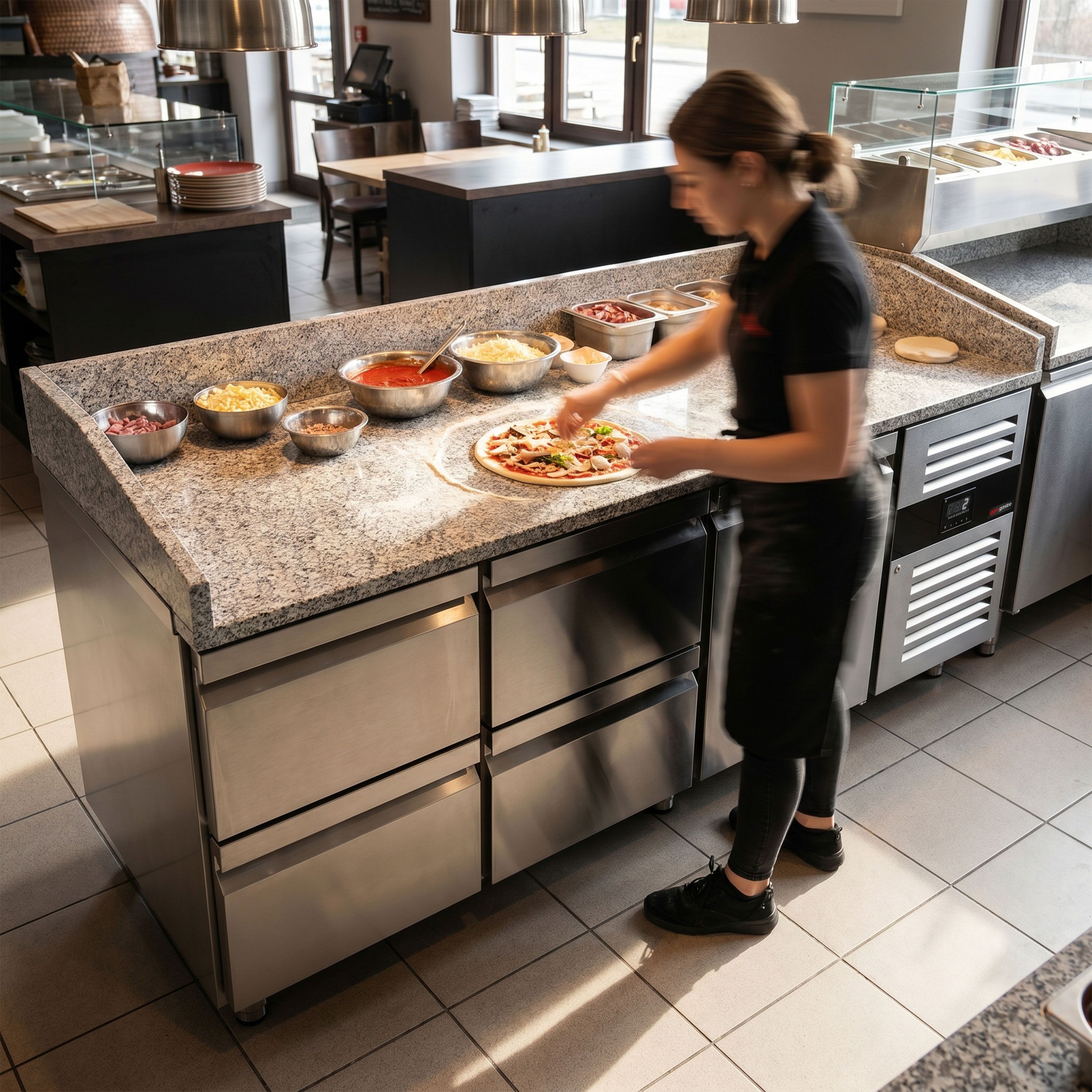 ECO pizza-hűtőpult – 2000x800 mm – 1 ajtóval és 4 fiókkal
