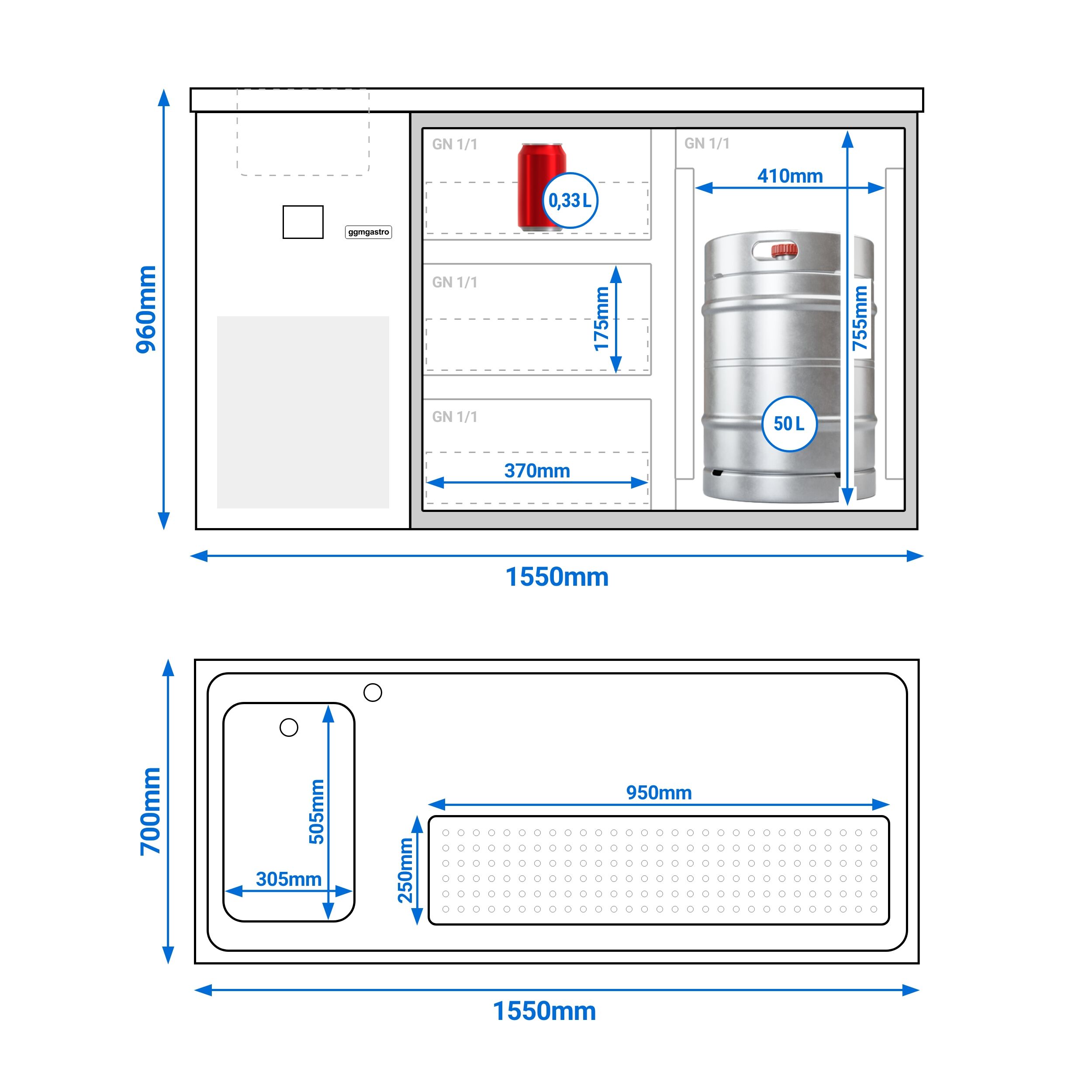 Comptoir de bar réfrigéré PREMIUM - 1550x700mm - 1 porte vitrée & 3 tiroirs en verre