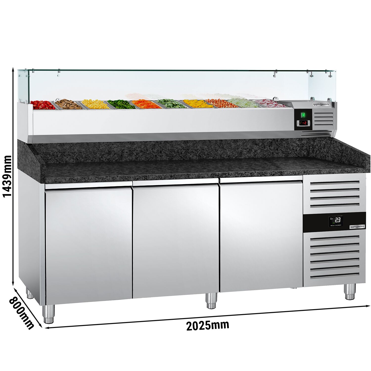 Table réfrigérée à pizza PREMIUM - 2000 x 800 mm - avec 3 portes - incl. vitrine réfrigérée - 9 x GN 1/3