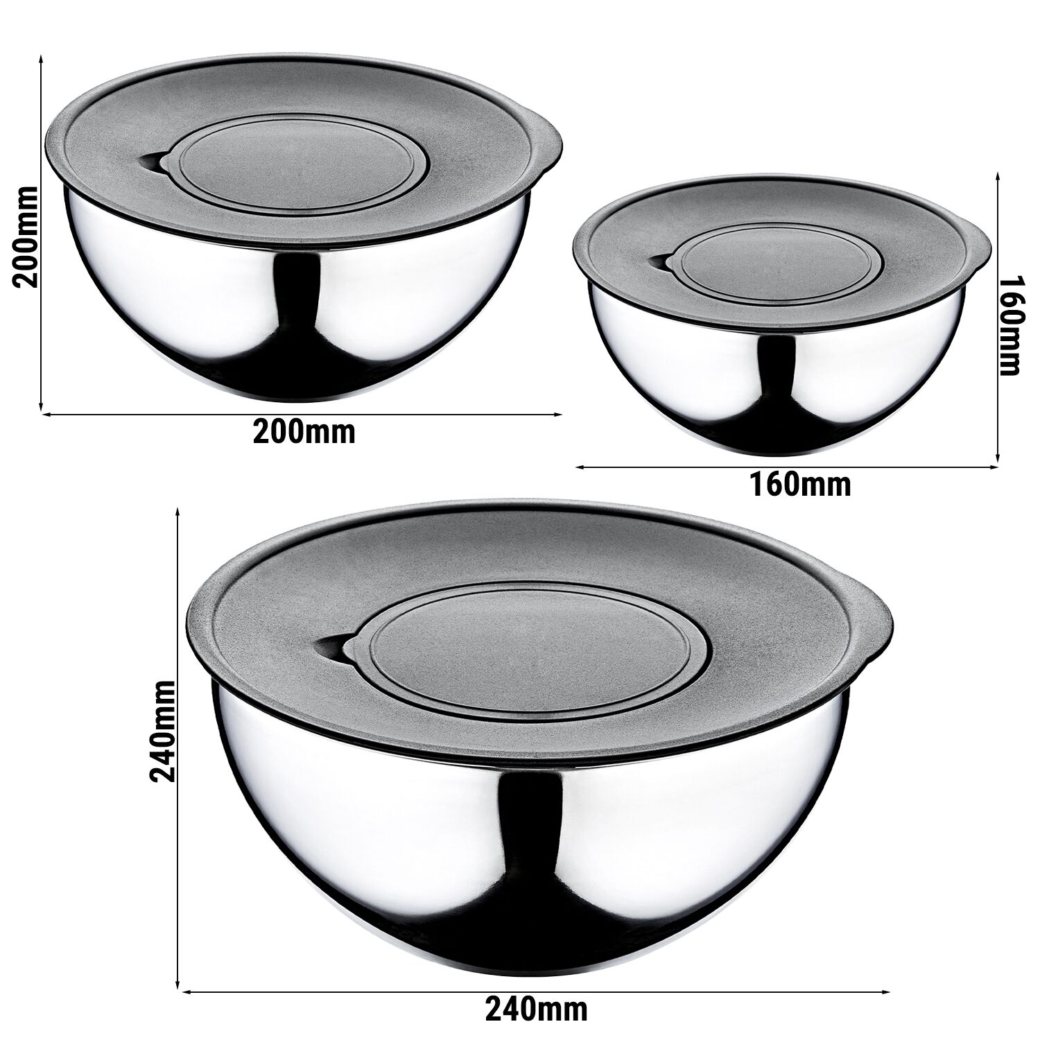 (9 szt.) Miska do mieszania okrągła - 9-elementowy zestaw - Stal nierdzewna - rund - Ø 160, 200, 240mm - 250x250x130mm - z pokrywami i tarkami