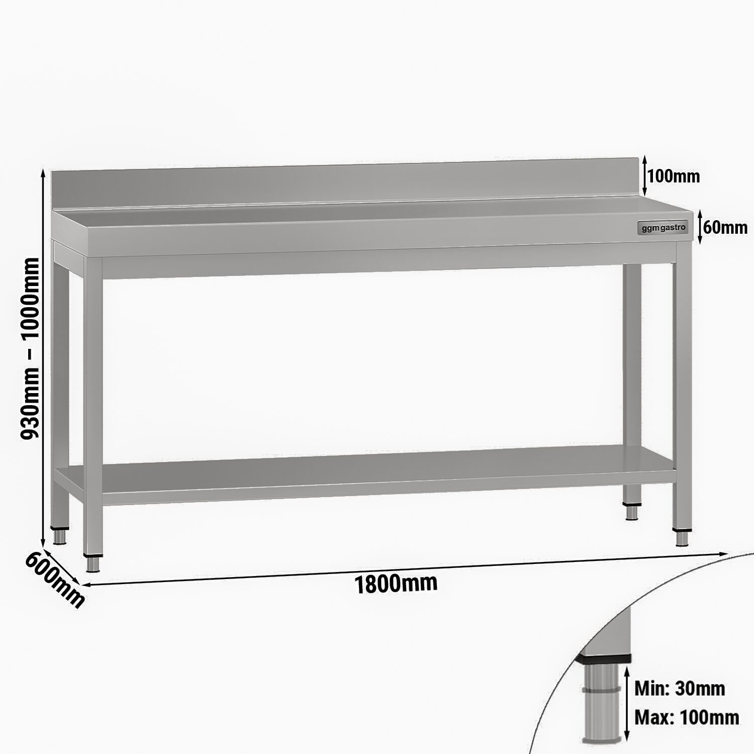Table de travail en inox ECO – 1800 × 600 mm – avec tablette inférieure & dosseret
