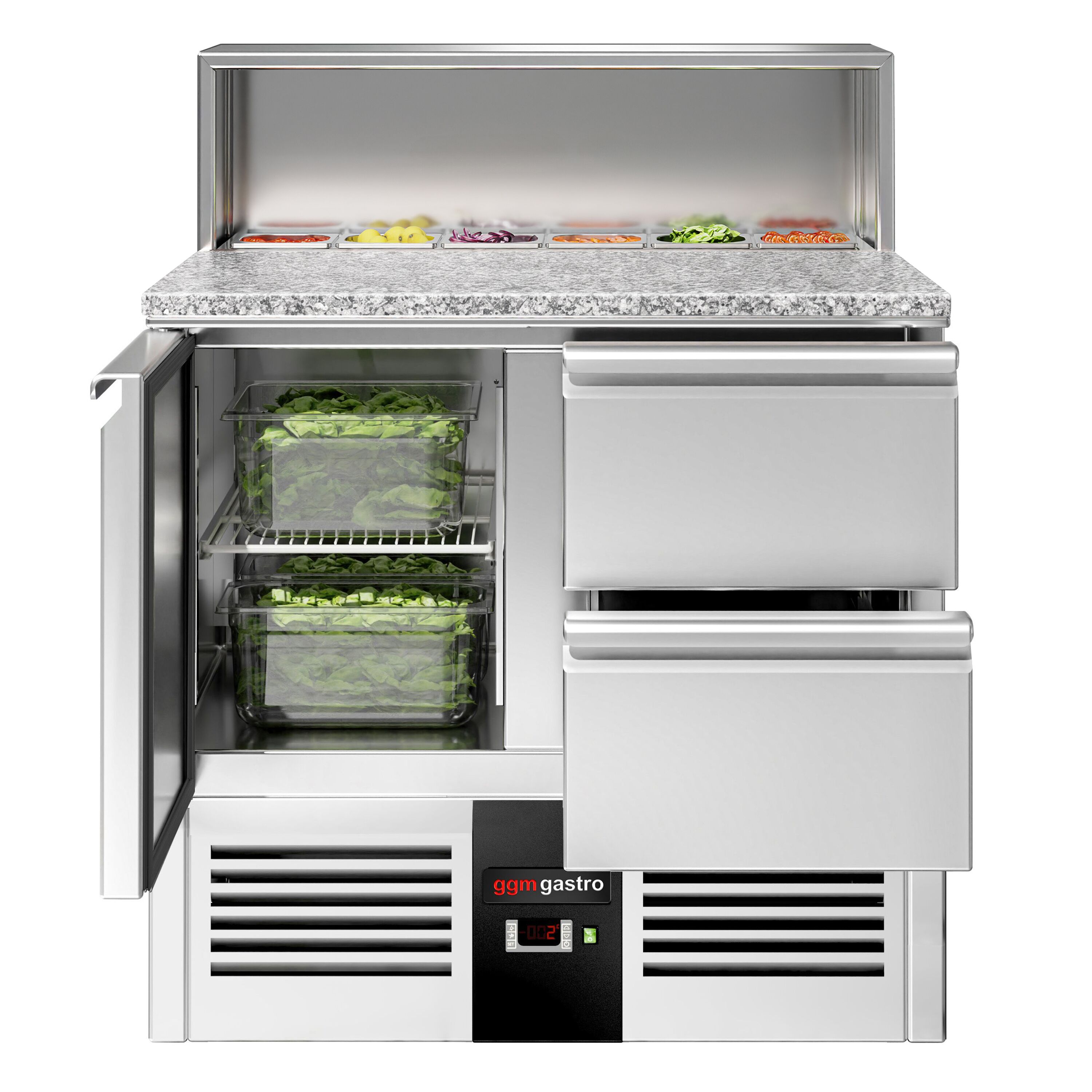 Saladette réfrigérée PREMIUM - 903mm - 240L - 1 porte & 2 tiroirs - plan de travail en granit noir