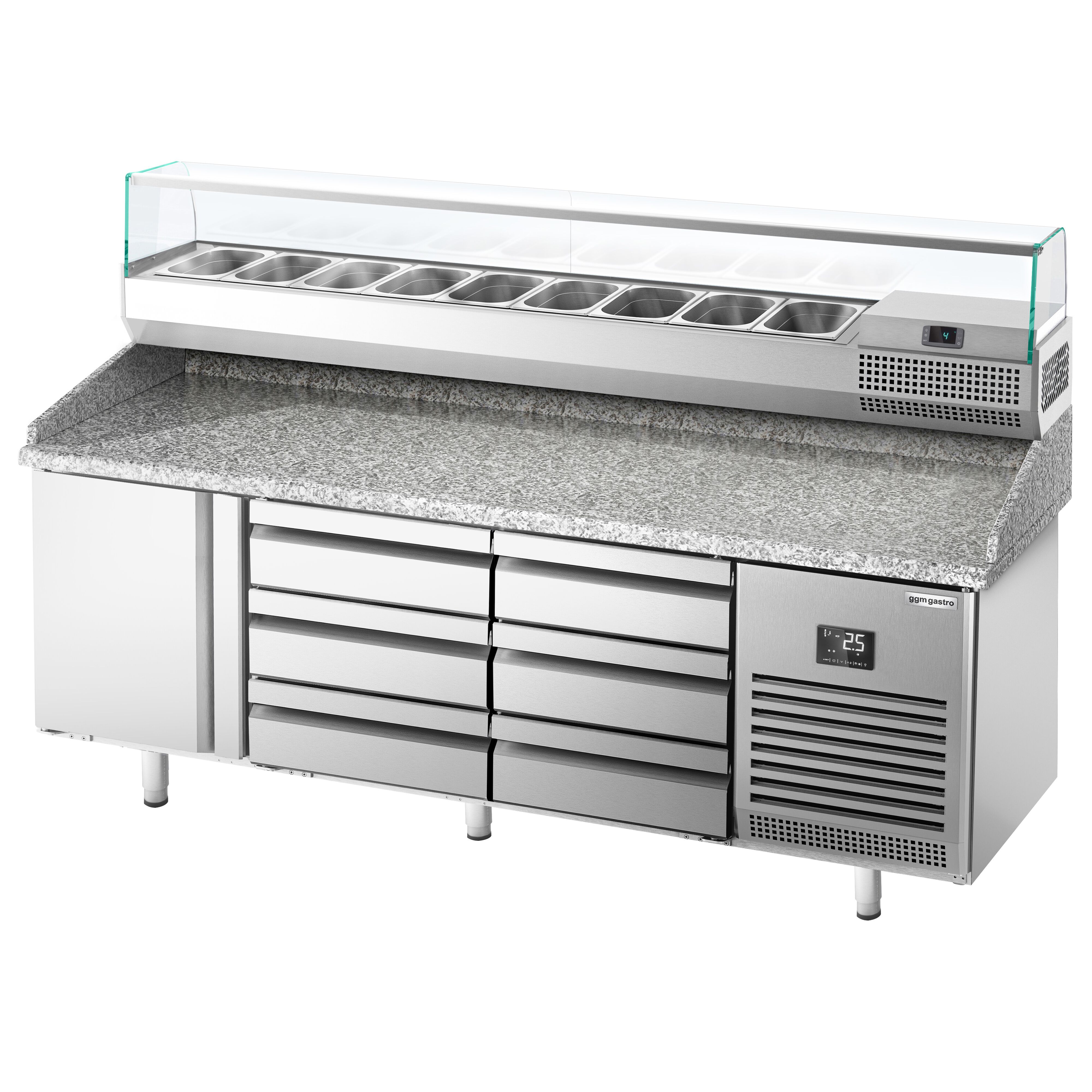 Table réfrigérée à pizza Premium PLUS - 1980x700 mm - avec 1 porte & 6 tiroirs - incl. vitrine réfrigérée - 9x GN 1/4