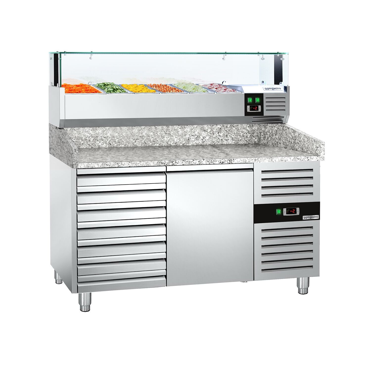 Table réfrigérée pour pizza PREMIUM - 1500 x 800 mm - avec 1 porte & 7 tiroirs - incl. vitrine réfrigérée avec LED - 5 x GN 1/3 + 1 x GN 1/2