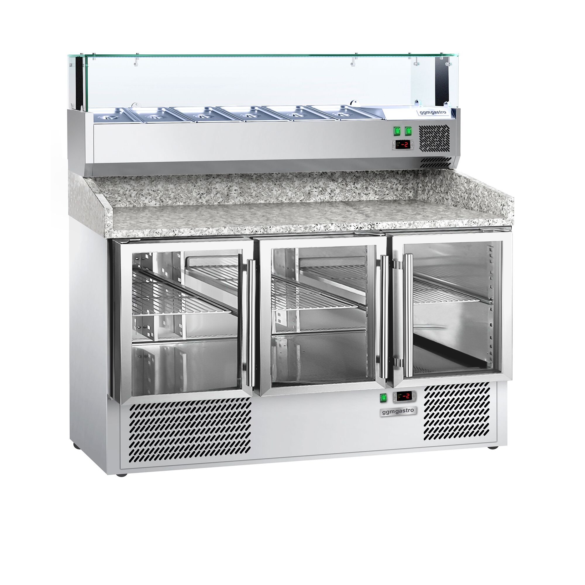 Table réfrigérée à pizza PREMIUM - 1400x700 mm - 3 portes vitrées - incl. vitrine réfrigérée - 6x GN 1/4
