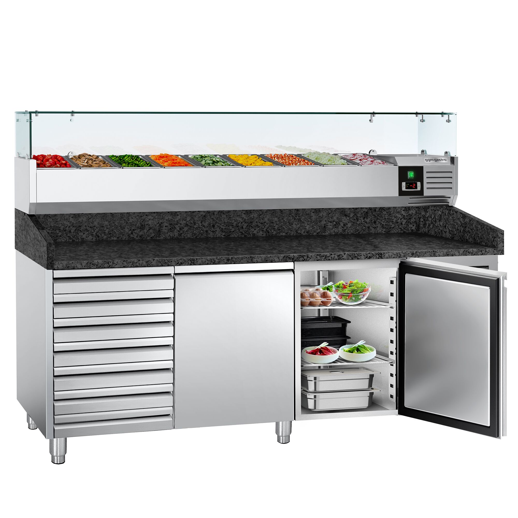 Table réfrigérée à pizza PREMIUM - 2000 x 800 mm - avec 2 portes et 7 tiroirs - incl. vitrine réfrigérée - 9 x GN 1/3