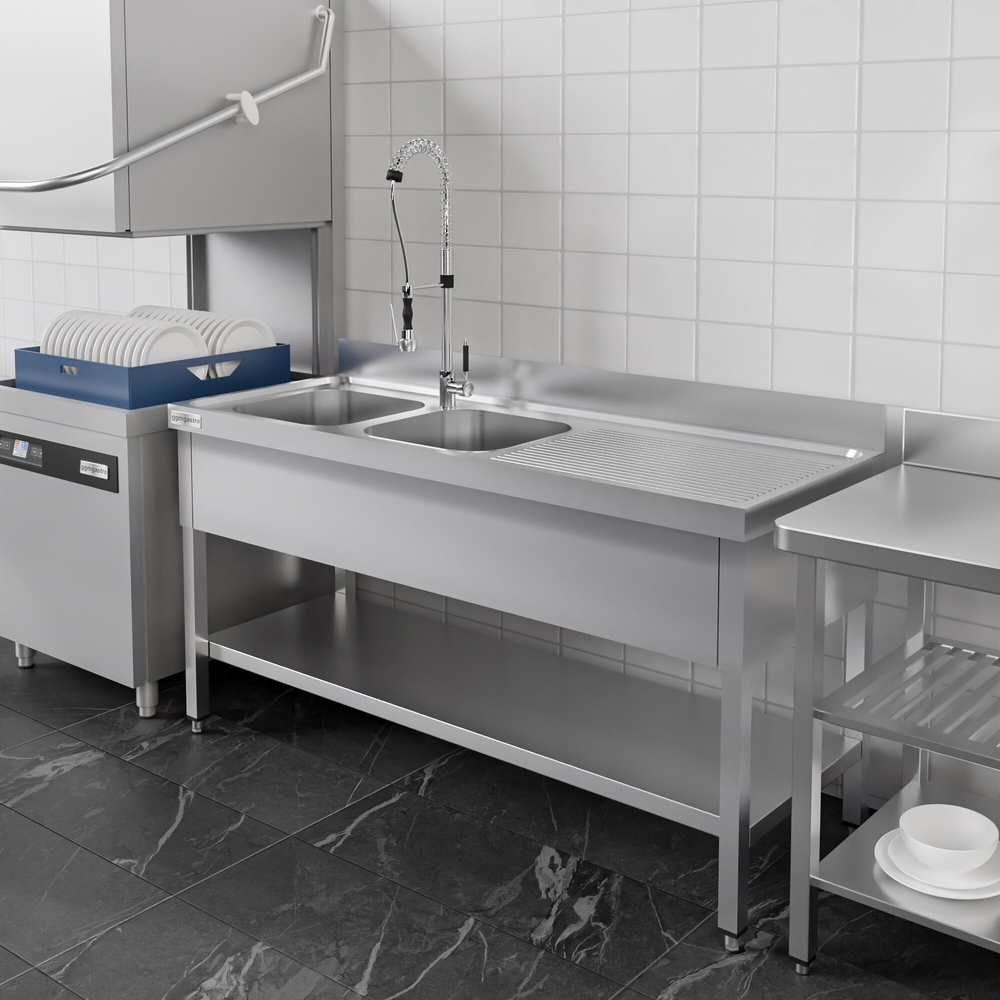 Plonge en inox ECO - 1800x600mm - avec étagère basse - 2 bacs à gauche