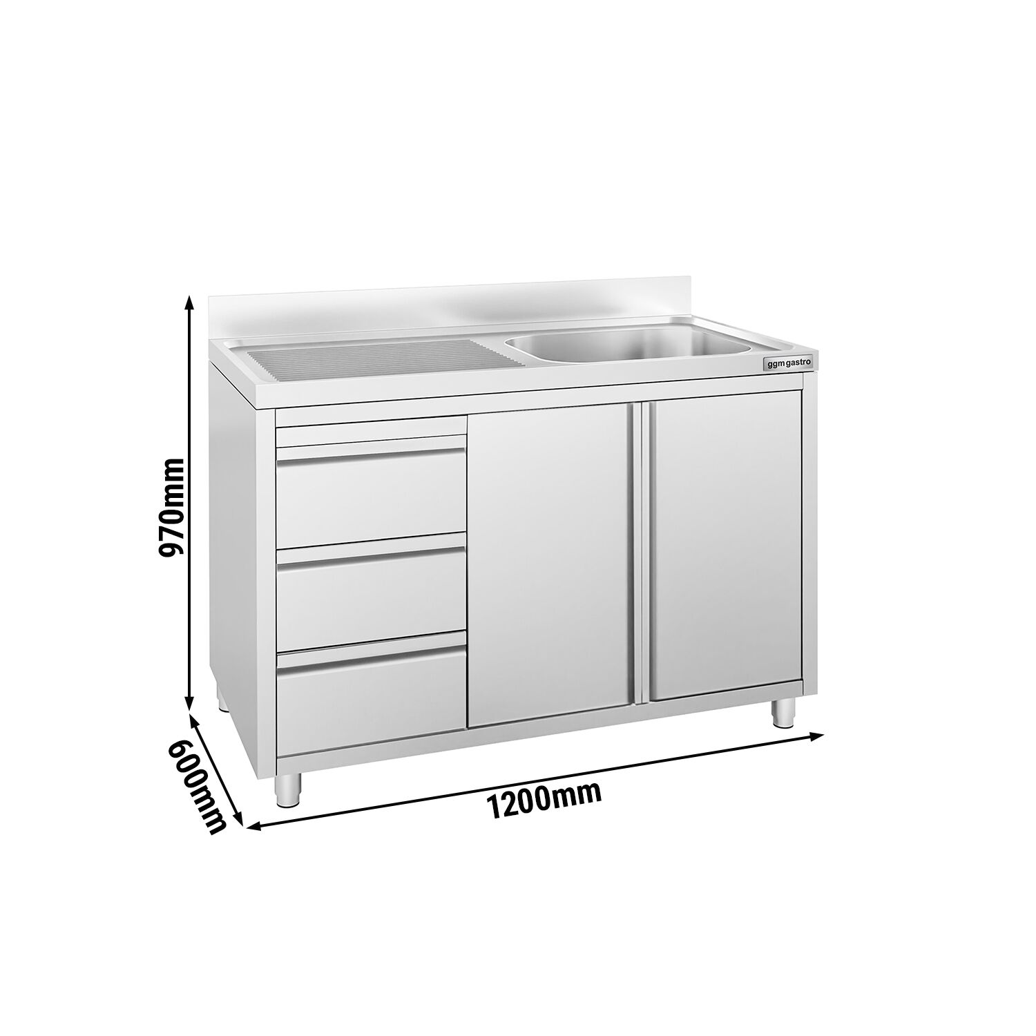 Meuble plonge - 1200x600mm - avec 1 bac à droite - 3 tiroirs