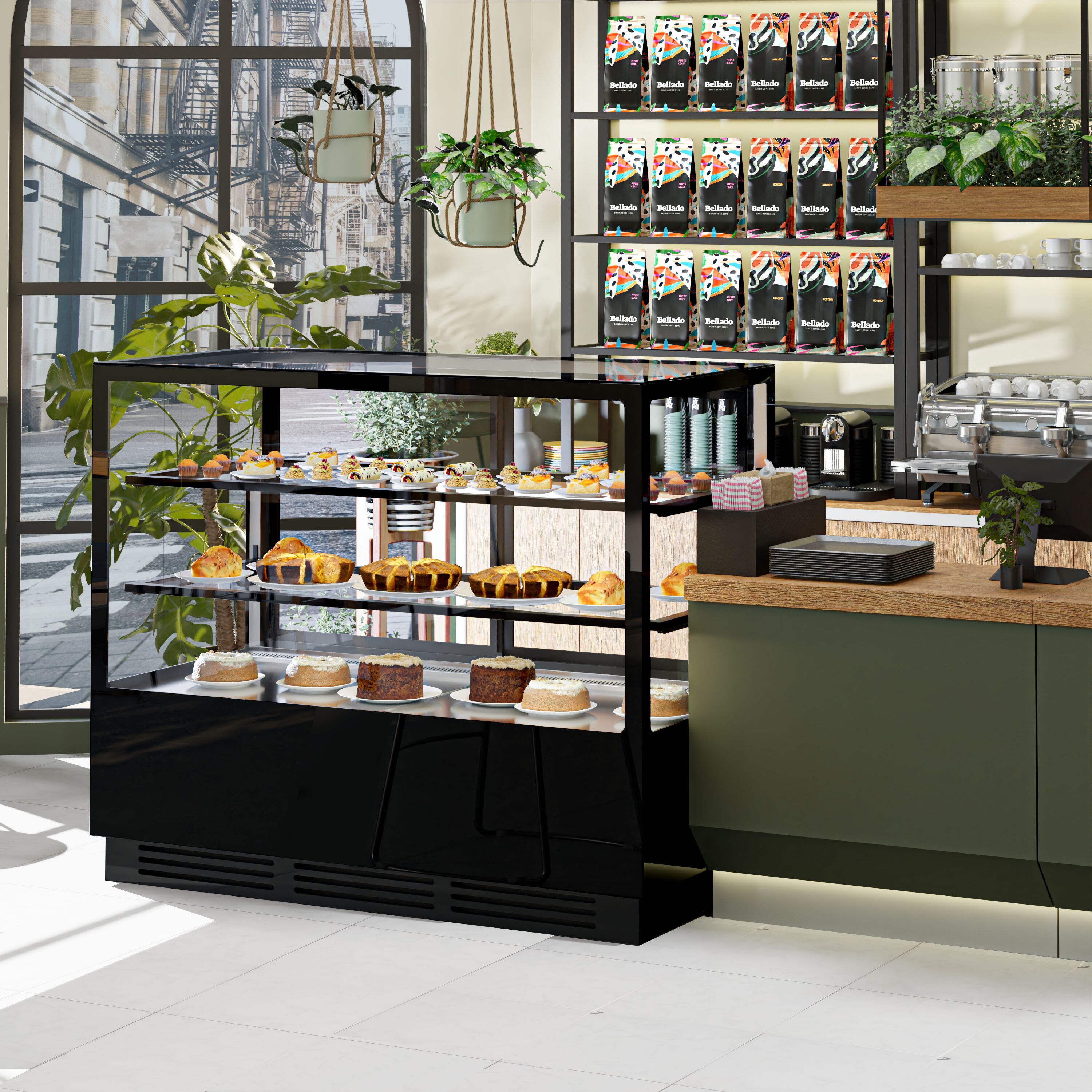 Vitrine à pâtisserie réfrigérée - 580L - 1500mm - Double vitrage - avec 2 étagères en verre - portes coulissantes vitrées arrière - Noir