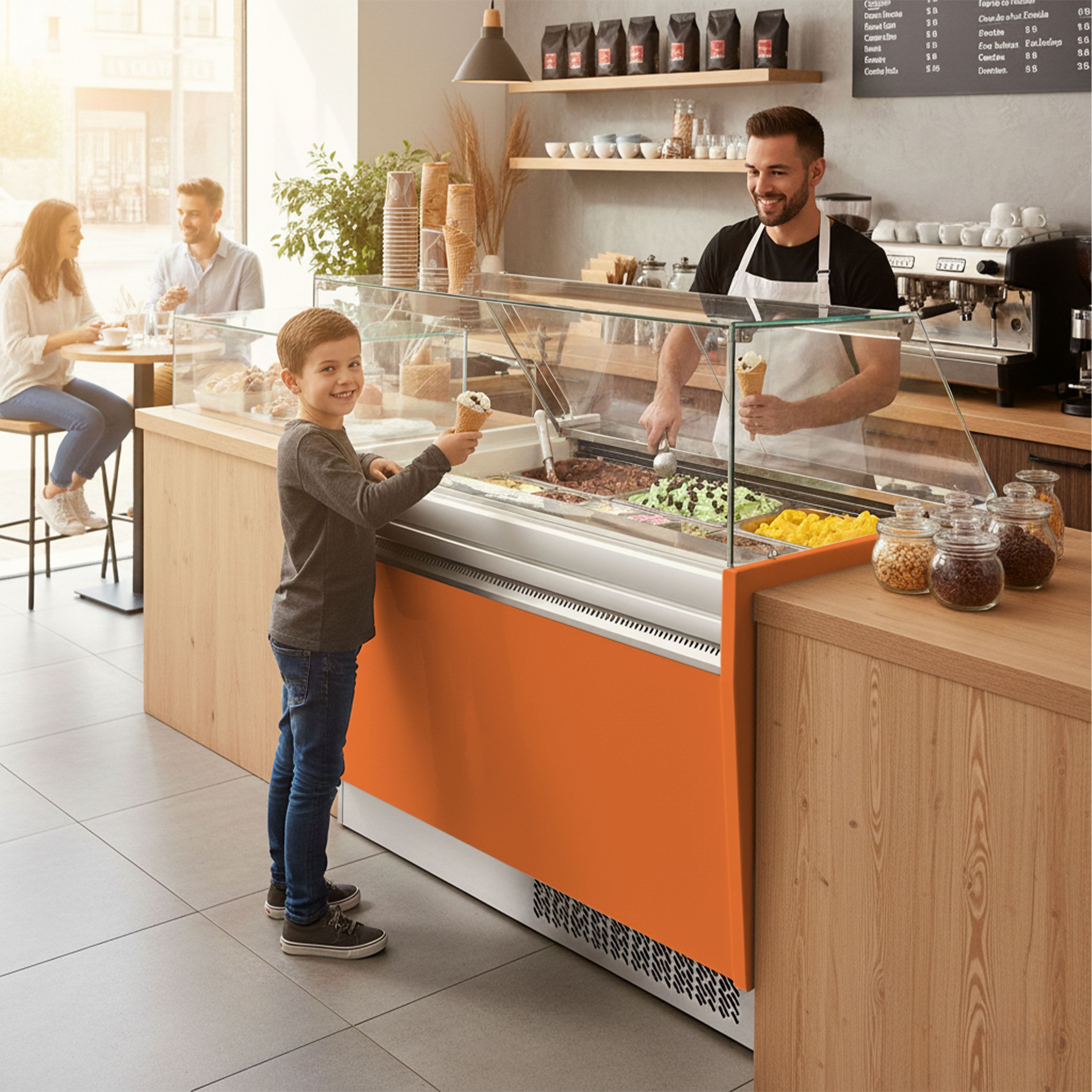 Vitrine à glace LIAM – 1310 mm – refroidissement statique – pour 10+10 bacs à glace de 5 litres – Orange