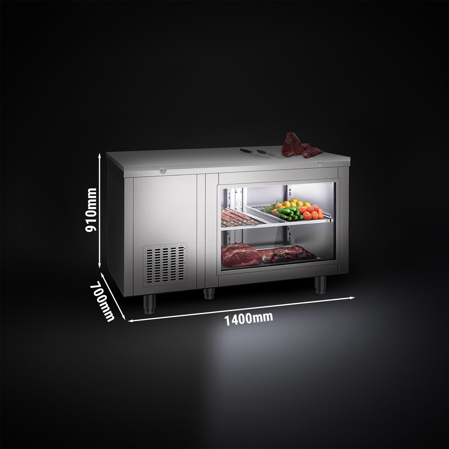 Refrigerated Counter – 1400 × 700 mm – Rear Side with 2 Doors – Glass Front – incl. White Cutting Board