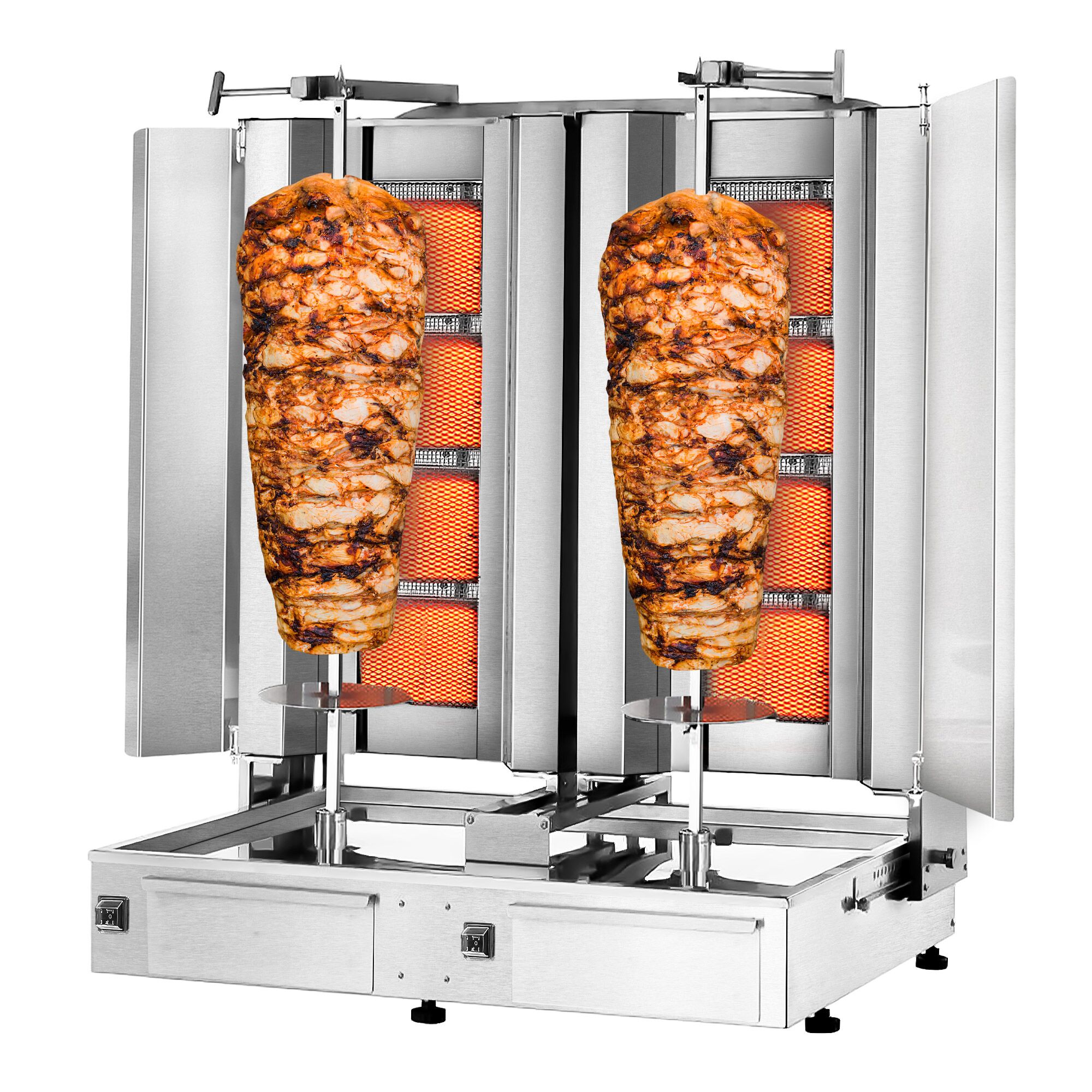 Gas Doner Kebab Grill (Shawarma/Gyros) - Twin x 4 Burner - up to 120kg - 26kW - incl. 2 splash guards & 2 double doors - For CE