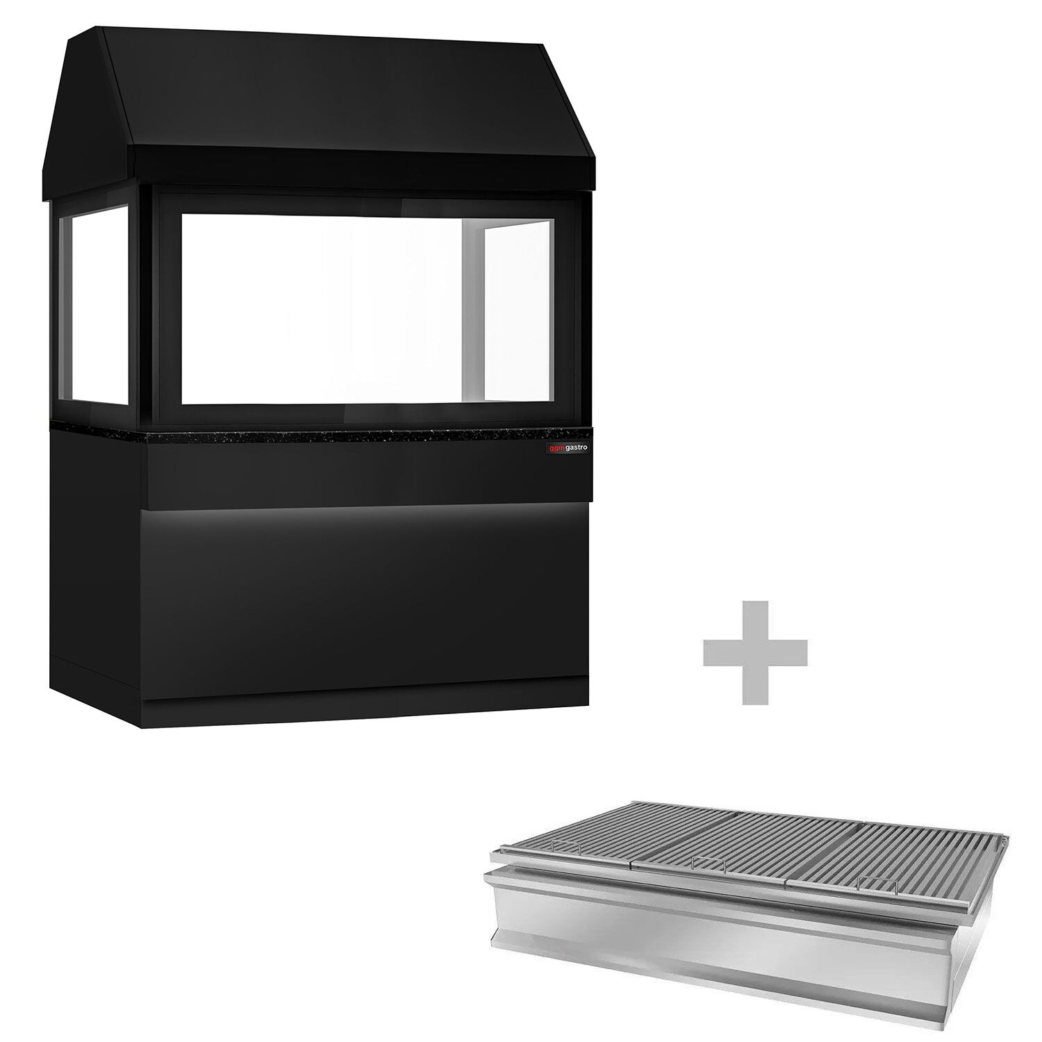Barbecue au charbon de bois TORONTO – 1500 mm – façade noire – plan de travail en granit noir – verre de protection thermique