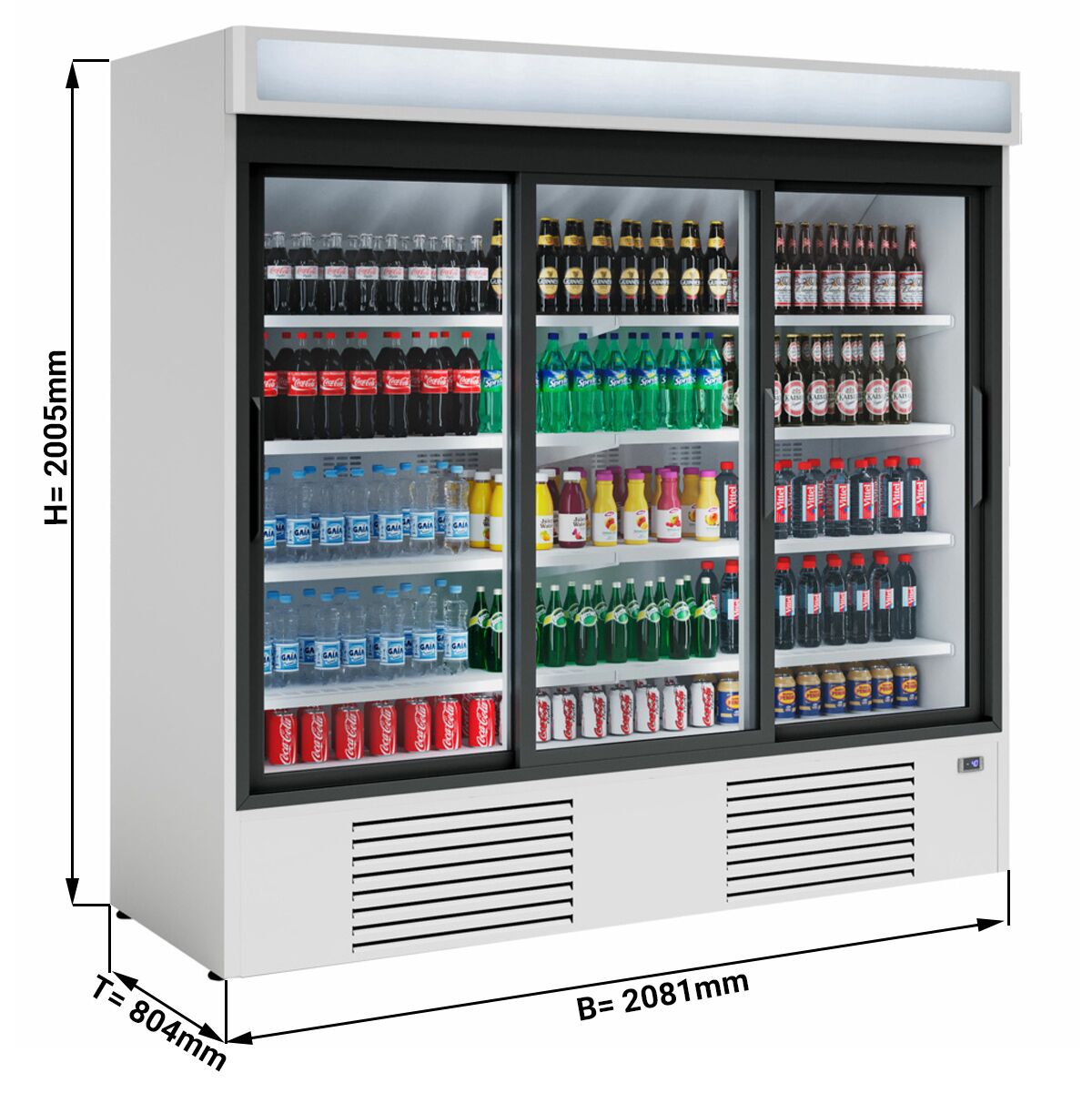 Commercial Beverage Display Fridge - 2081mm - 2030 Litres - with 3 hinged glass doors - LED lighting - digital controller with temperature display - Temperature range 4 to 8 °C