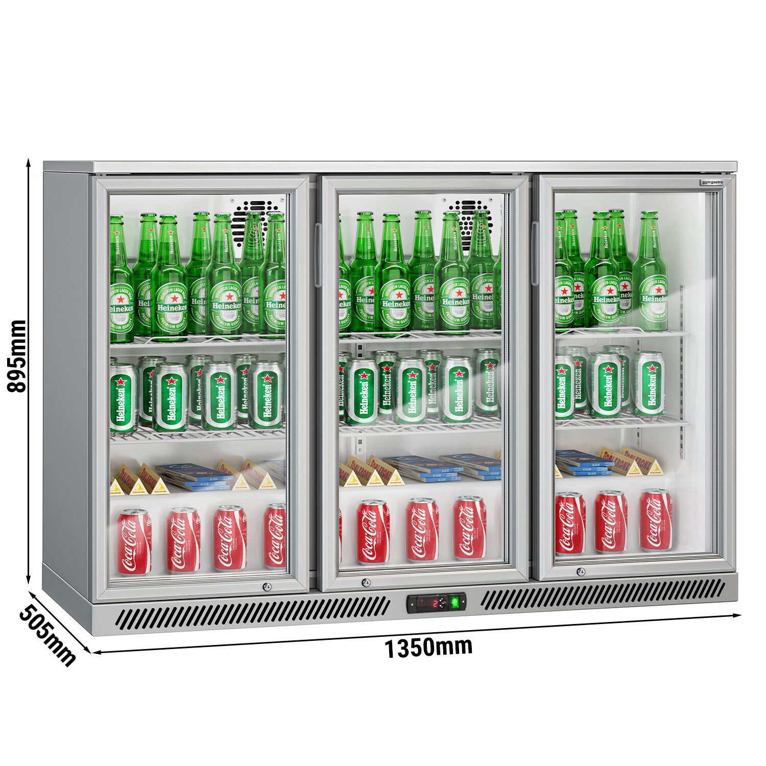 Réfrigérateur de bar – 1350 mm – 320 litres – avec 3 portes vitrées battantes – Gris