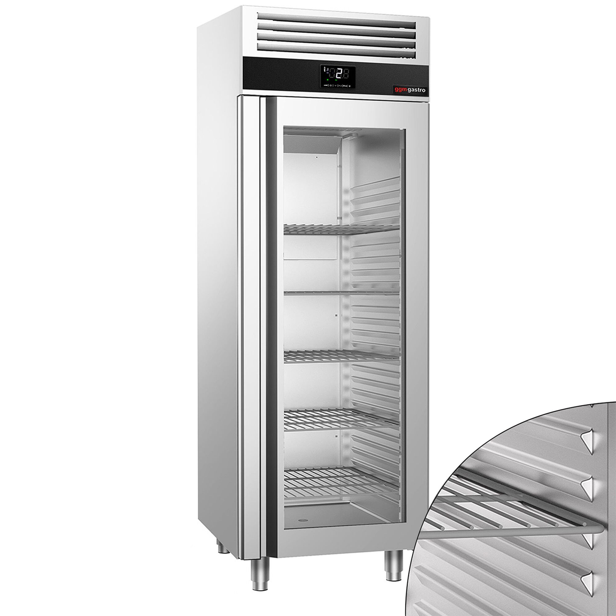 Armoire réfrigérée vitrée positive Inox AISI 304 PREMIUM - GN 2/1 - 650 L - avec 1 porte vitrée & 3 grilles GN 2/1