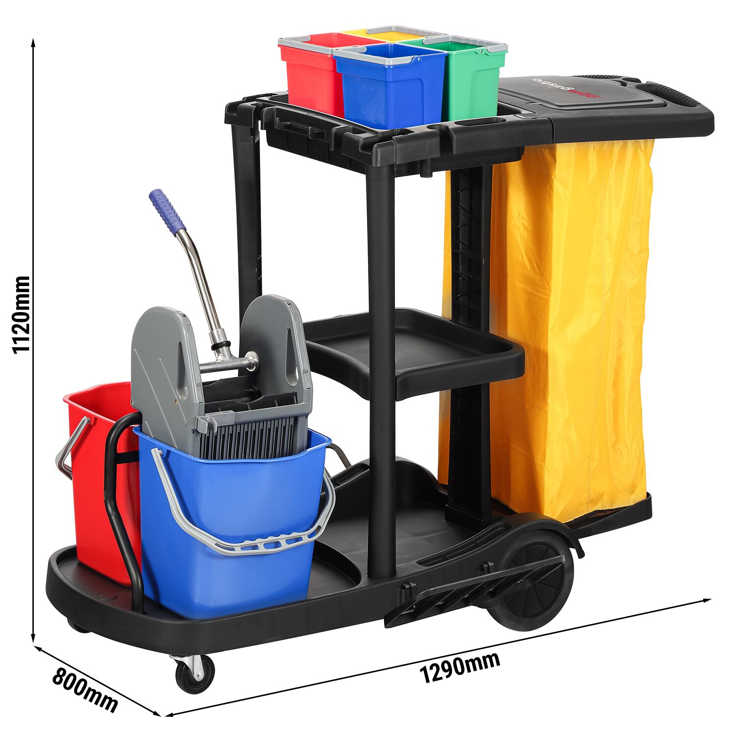Chariot de nettoyage - avec 6 seaux, presse à mop & sac à linge - Noir