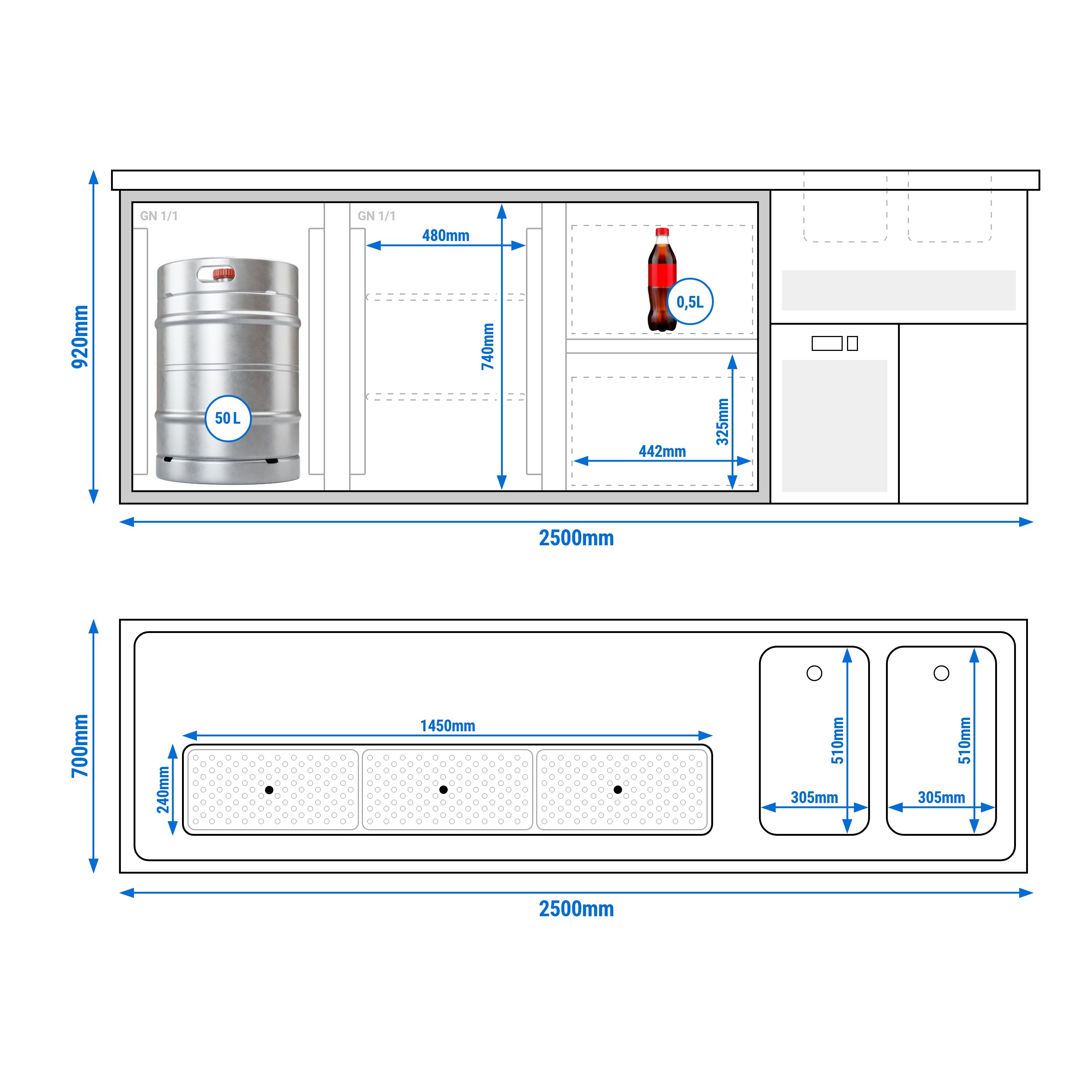 Comptoir de bar réfrigéré Premium PLUS - 2500x700mm - 2 portes & 2 tiroirs