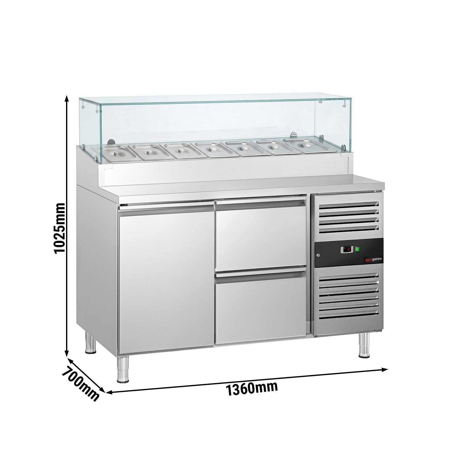 Zubereitungstisch PREMIUM - 1360mm - 1 Tür & 2 Schubladen - mit Glasaufsatz - für 7x GN 1/3