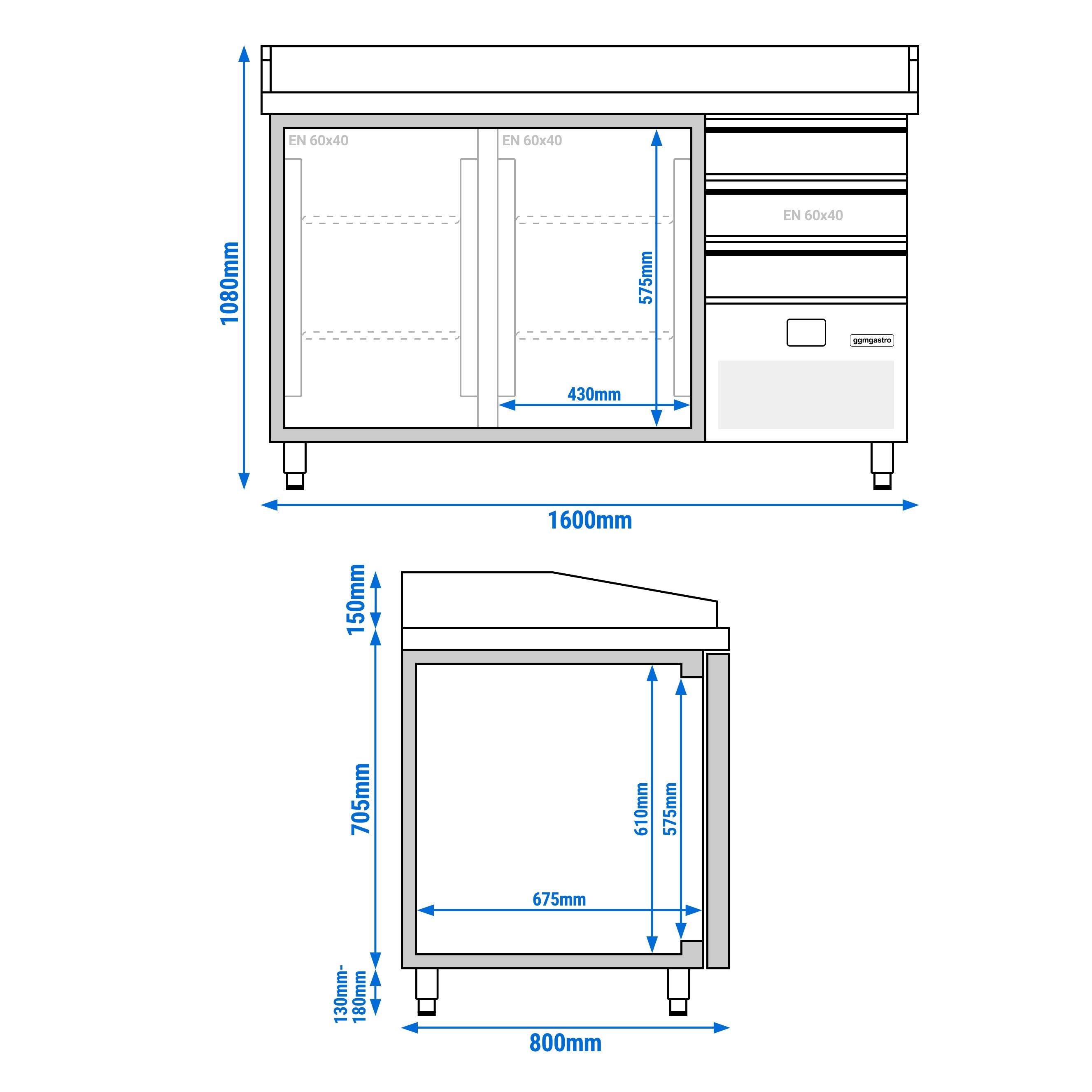 Table réfrigérée à pizza PREMIUM - 1600x800 mm - avec 2 portes & 3 tiroirs