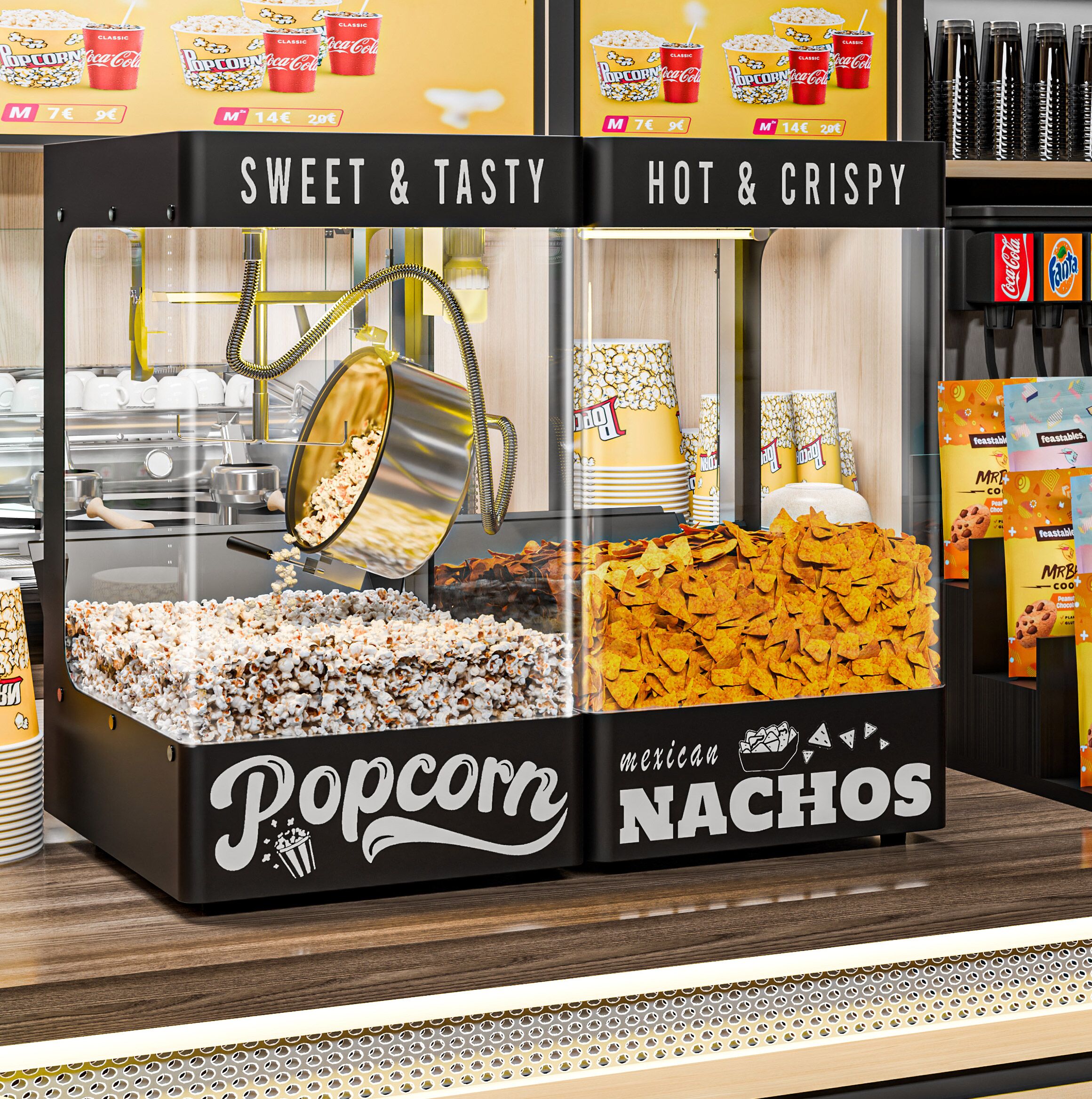 Machine à popcorn avec chauffe-nachos / chauffe-chips - 1,31 kW - 5 kg/h - avec 1 cuve - Noir