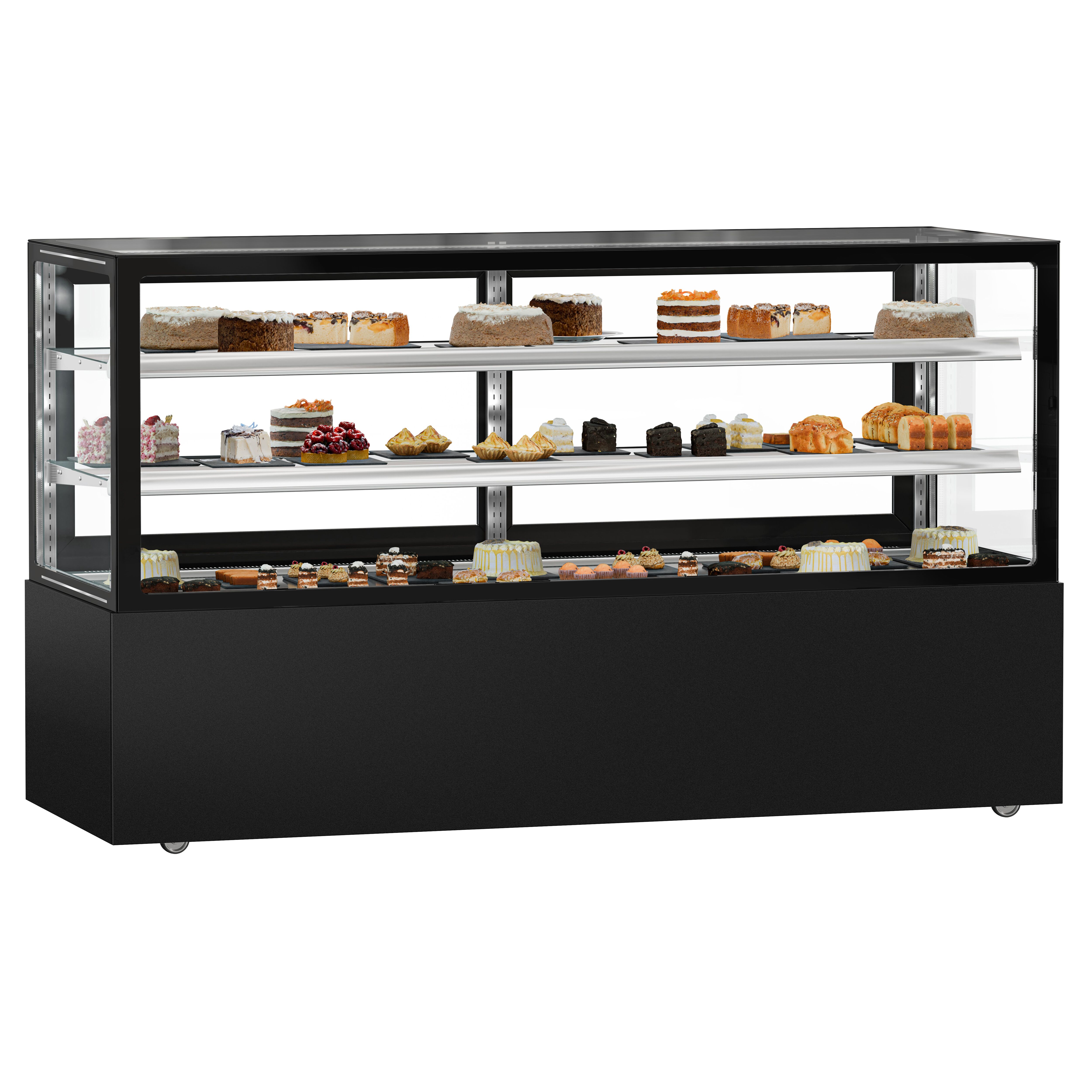 Vitrine à pâtisserie réfrigérée - 890L - 2000mm - Double vitrage - avec 2 étagères en verre - portes coulissantes arrière - Noir mat
