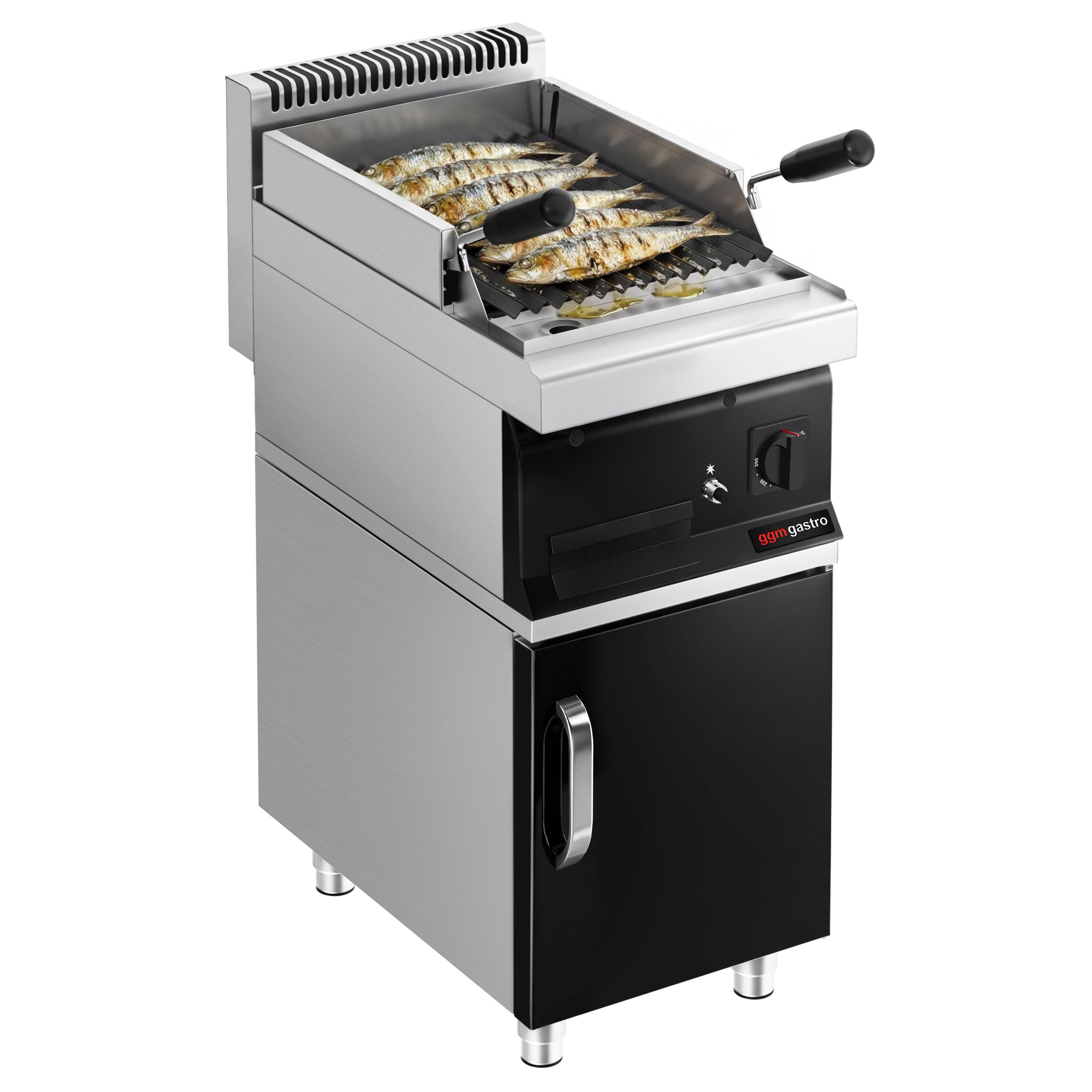 Commercial Gas Lava Rock Chargrill Mario 700 - 400mm - Freestanding - with Cabinet Base - 700mm Deep - Tilting Grill Grid - Black-front Fascia - incl. cabinet base - 1 Door