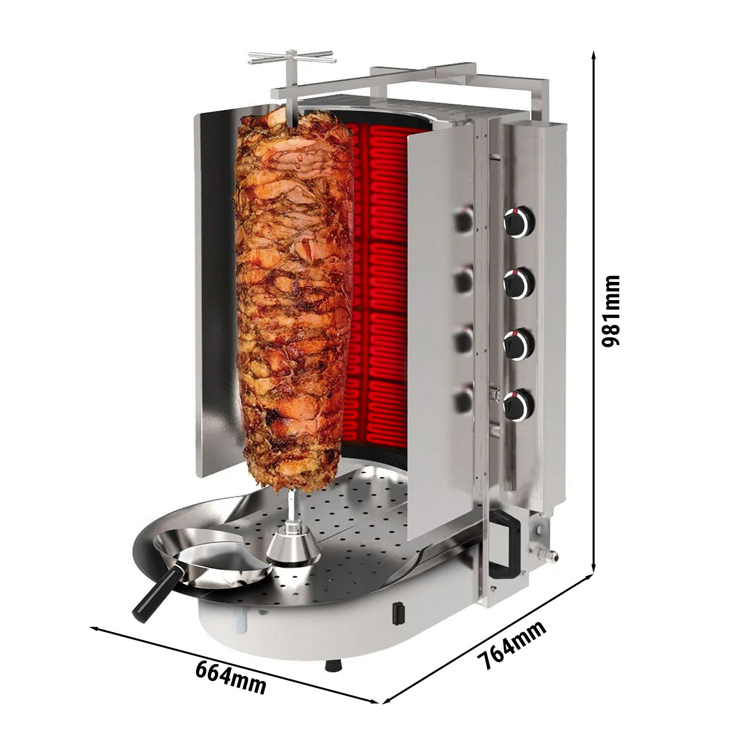 Gas Doner Kebab Grill (Shawarma/Gyros) - 8 Burner - up to 75kg - 16kW - Countertop - with ROBAX® glass - incl. skewer, clamp, meat plate, drip tray, kebab shovel & double doors