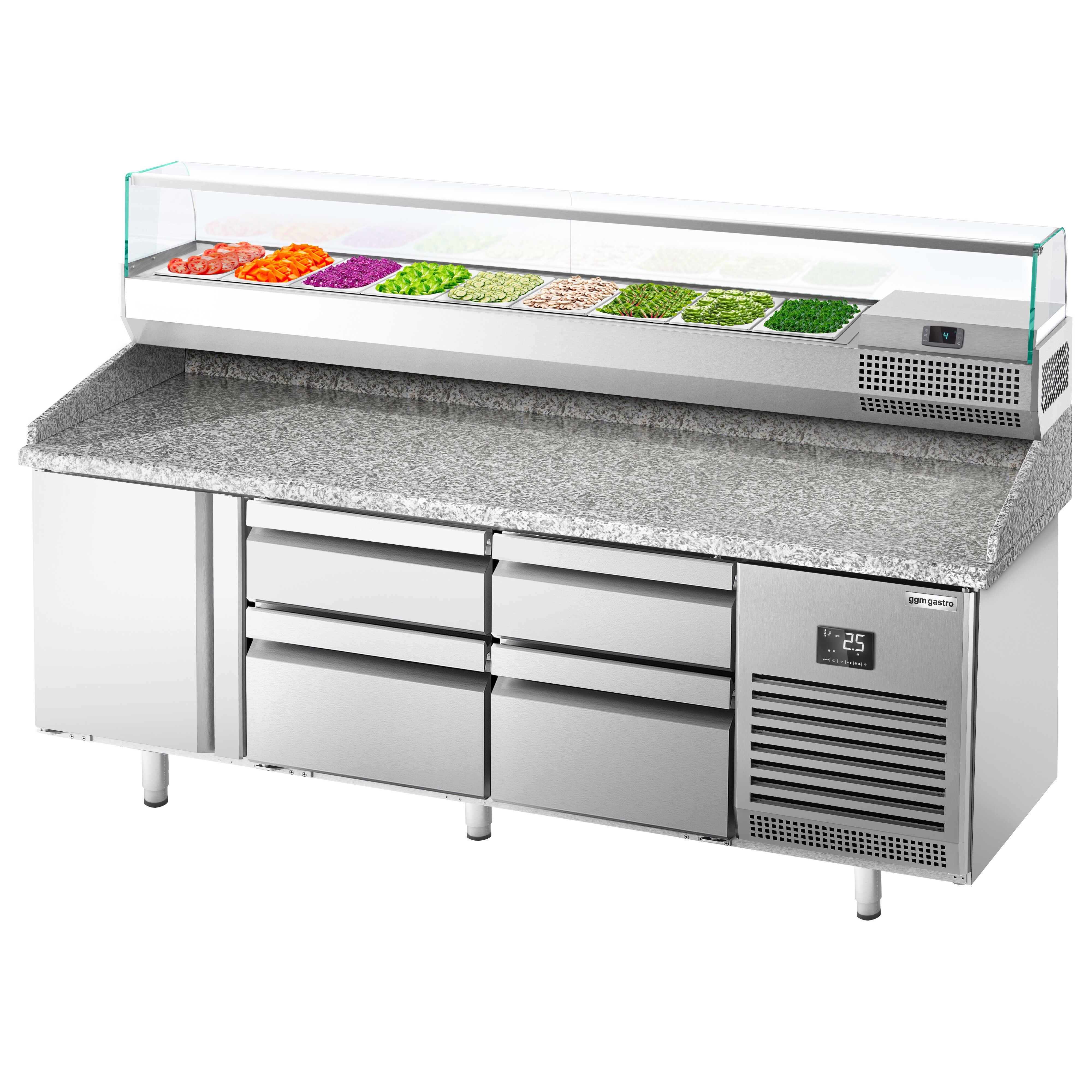 Table réfrigérée à pizza Premium PLUS - 1980x700 mm - avec 1 porte & 4 tiroirs - incl. vitrine réfrigérée - 9x GN 1/4