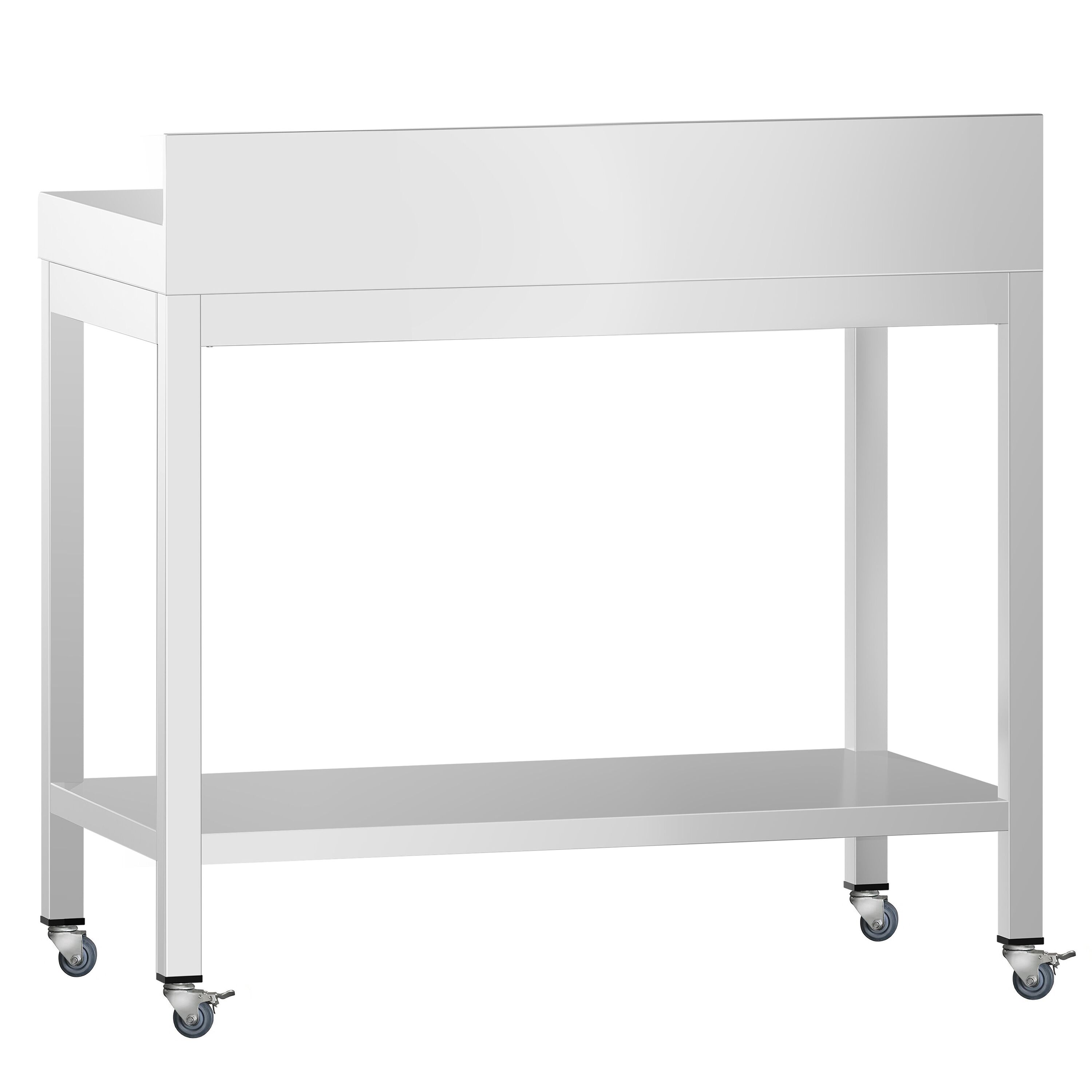 Table de travail en inox PREMIUM - 700 x 600 mm - avec tablette inférieure, dosseret et roulettes