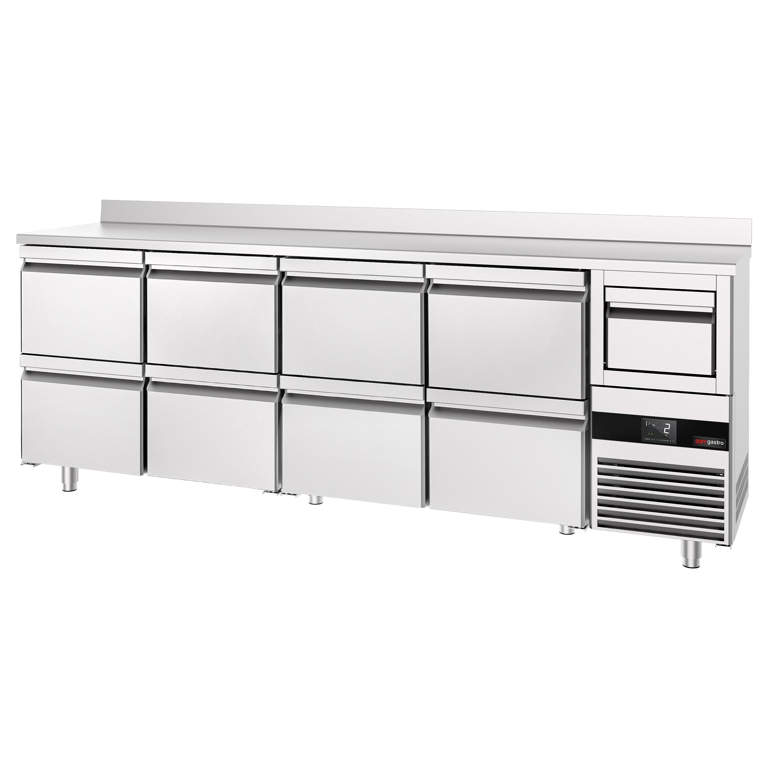 Arrière-bar réfrigéré professionnel PREMIUM - 2690x600 mm - avec 8 tiroirs 1/2, dosseret & bac à marc pour café