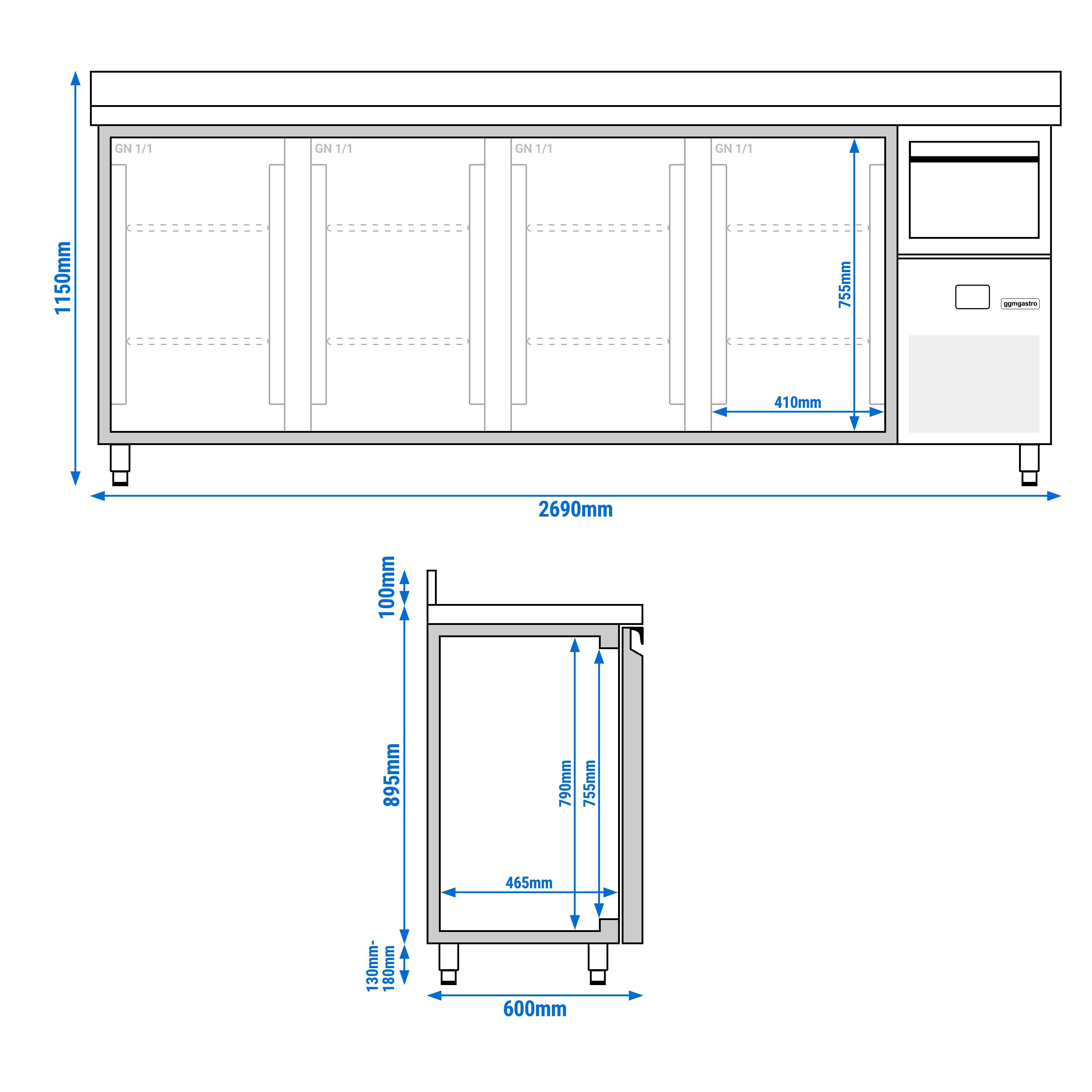 Commercial Back Bar Bottle Cooler PREMIUM - 2690x600mm - 710L - with 4 Hinged Glass Doors, upstand & knock box for coffee