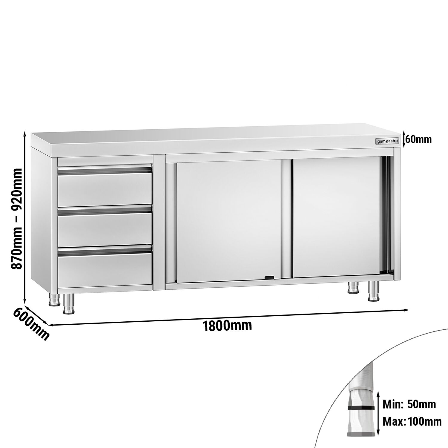 Table armoire en acier inoxydable PREMIUM - 1800x600mm - avec portes coulissantes et 3 tiroirs à gauche