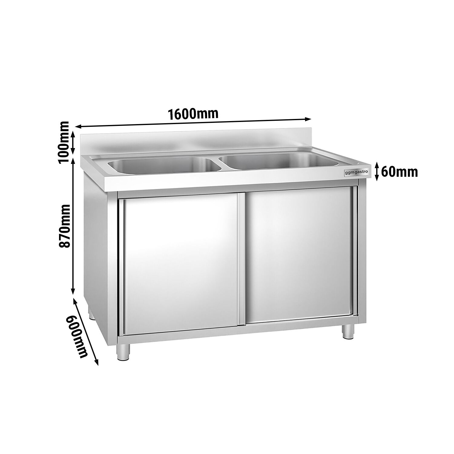 PREMIUM pot washing cabinet – 1600 x 600 mm – with 2 basins