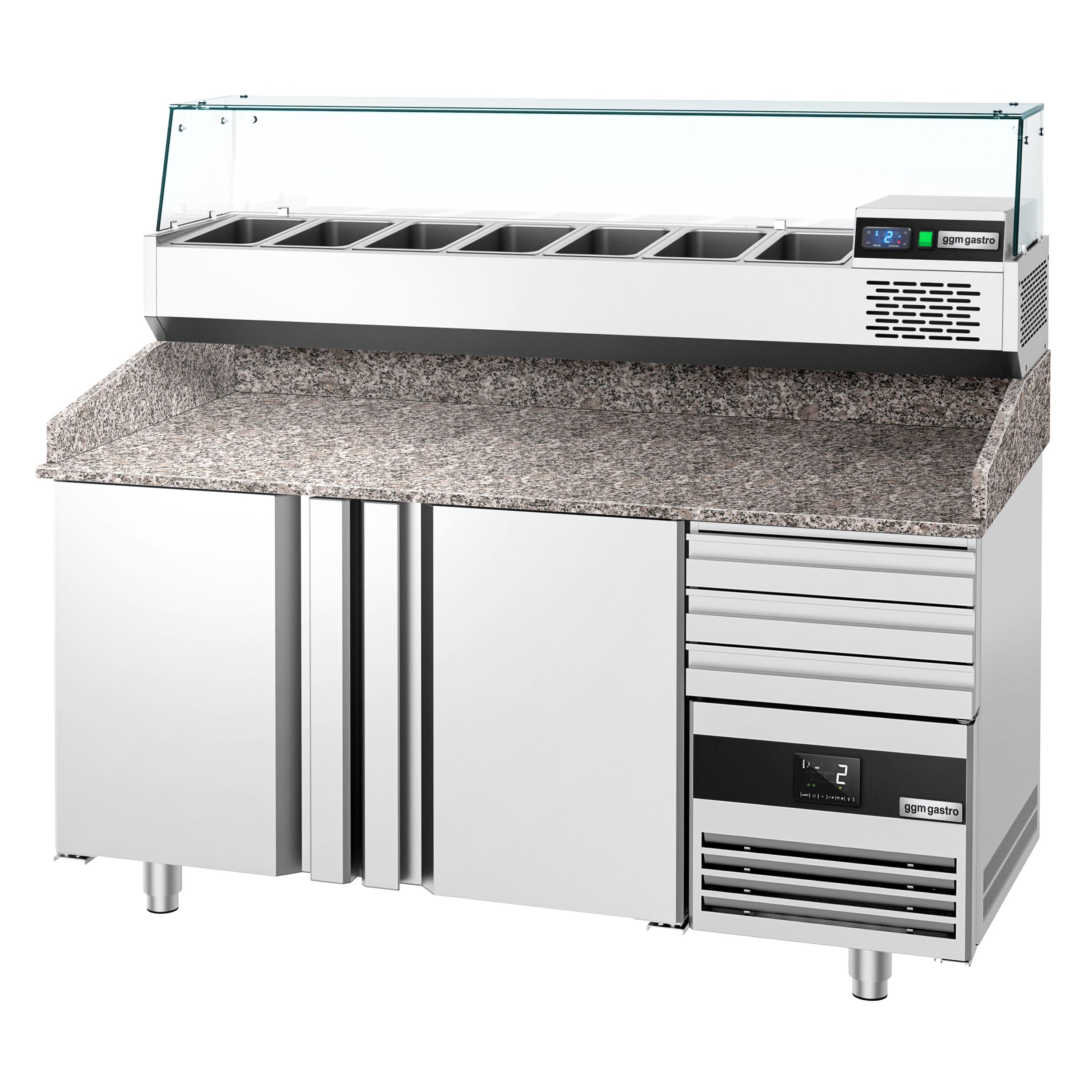 Table réfrigérée à pizza PREMIUM - 1600x800 mm - avec 2 portes & 3 tiroirs - incl. vitrine réfrigérée - 6x GN 1/3