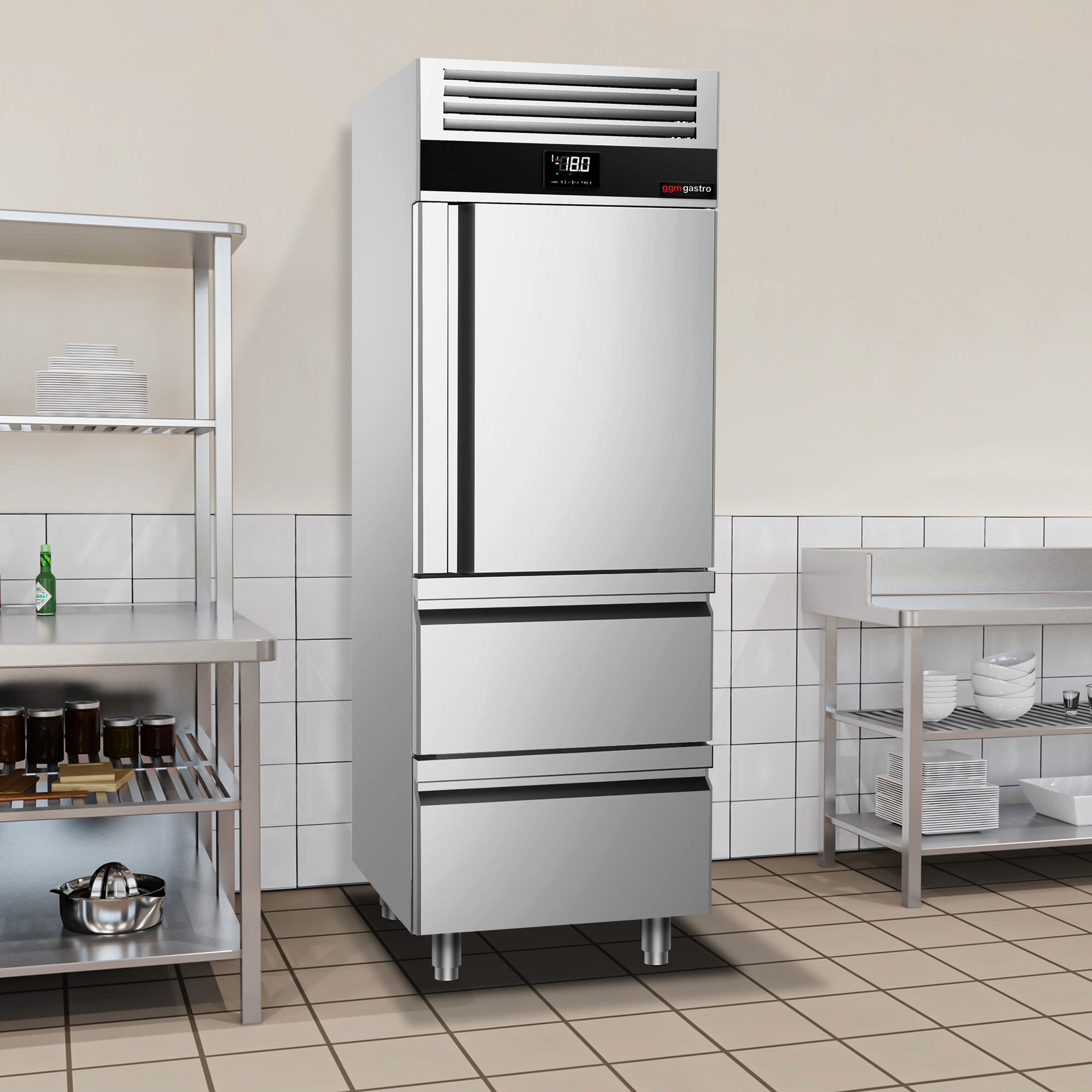 Armoire réfrigérée vitrée négative en acier inoxydable PREMIUM - GN 2/1 - 700 L - avec 1 porte vitrée & 2 tiroirs & 2 grilles GN 2/1 & Glissières