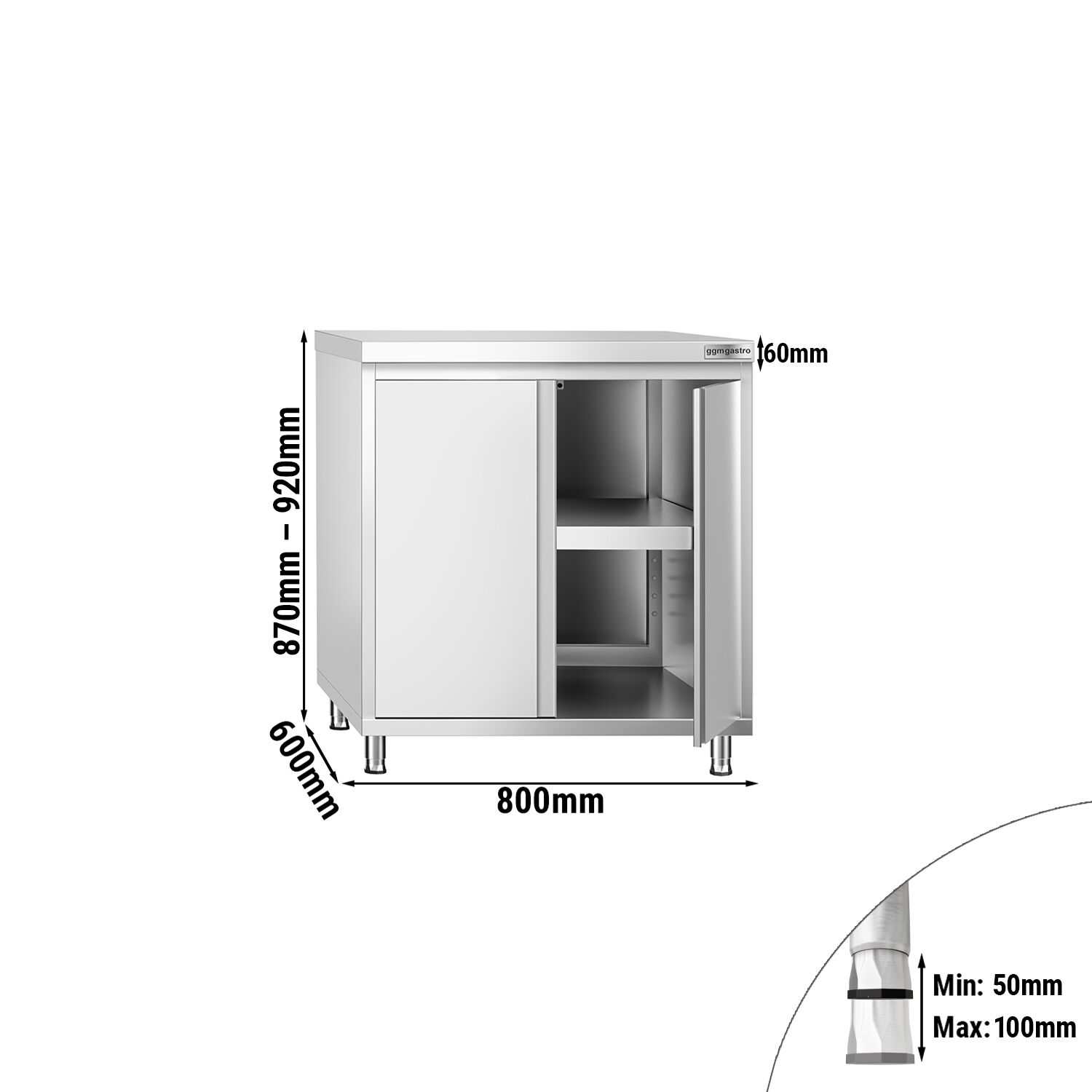 Table armoire en acier inoxydable PREMIUM - 800x600mm - avec portes battantes et étagère basse