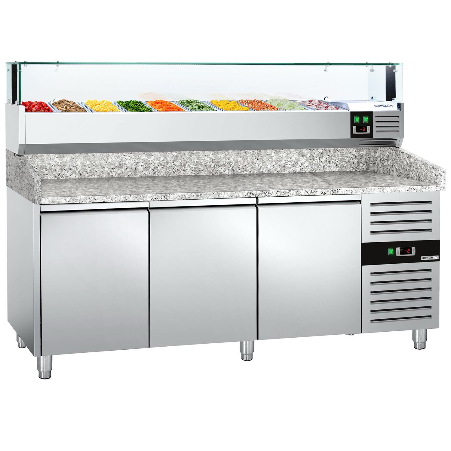 Table réfrigérée pour pizza PREMIUM - 2000 x 800 mm - avec 3 portes - incl. vitrine réfrigérée avec LED - 10 x GN 1/4