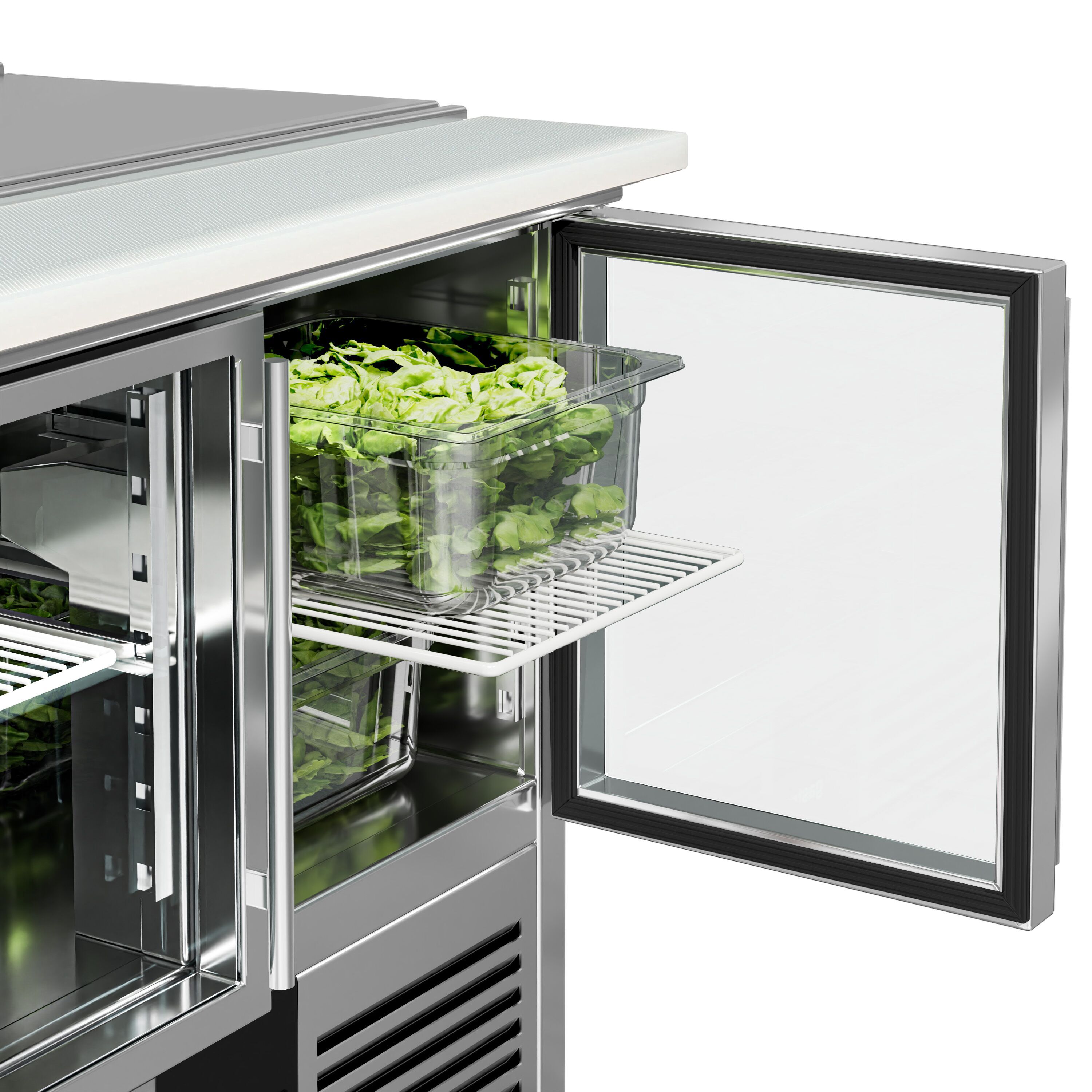 Saladette réfrigérée PREMIUM - 903mm - 240L - 2 portes vitrées - avec découpe pour 2x GN 1/1 & 3x GN 1/6 & Couvercle inox - plan de travail en granit noir