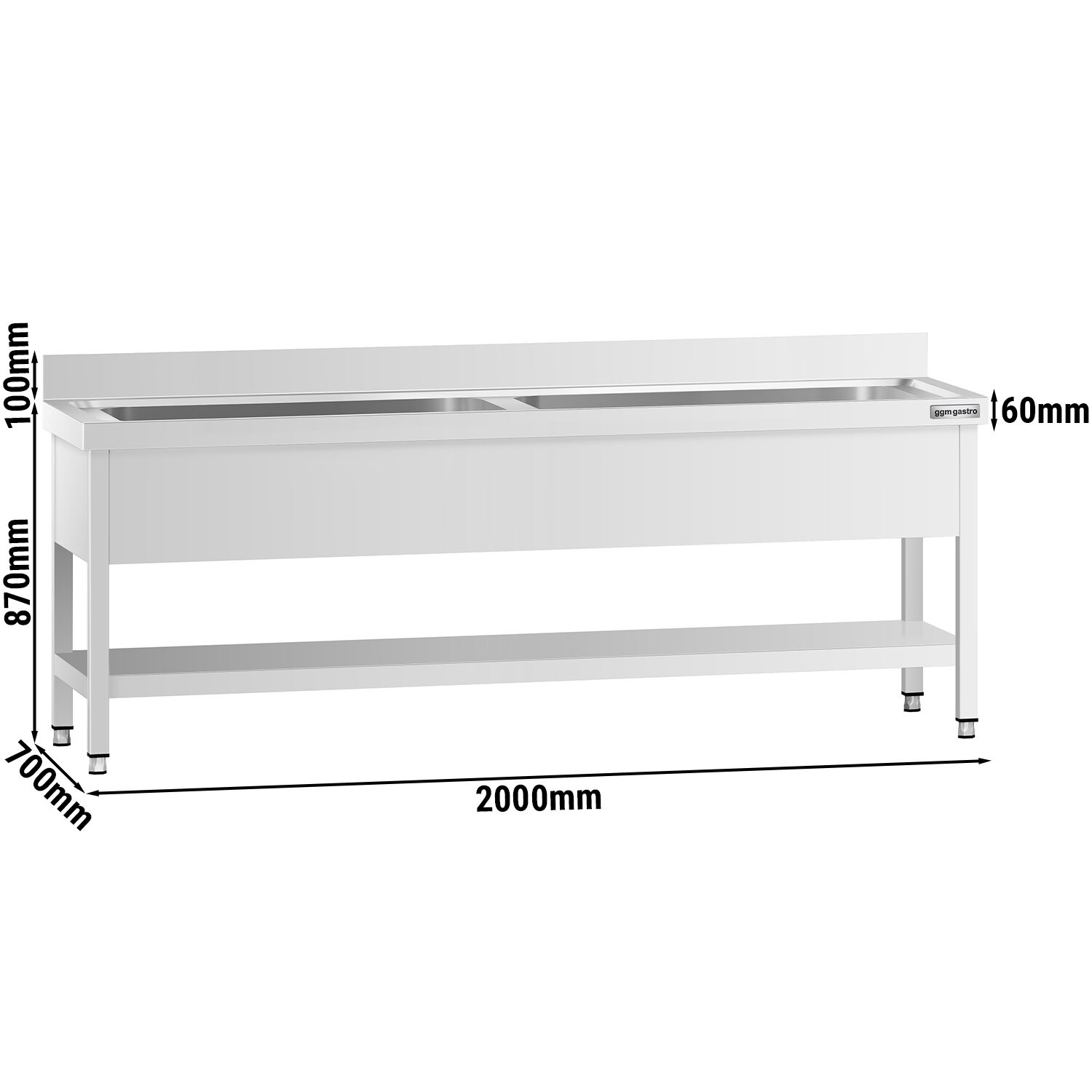 Topfspültisch Premium - 2000x700mm - mit Grundboden & 2 Becken