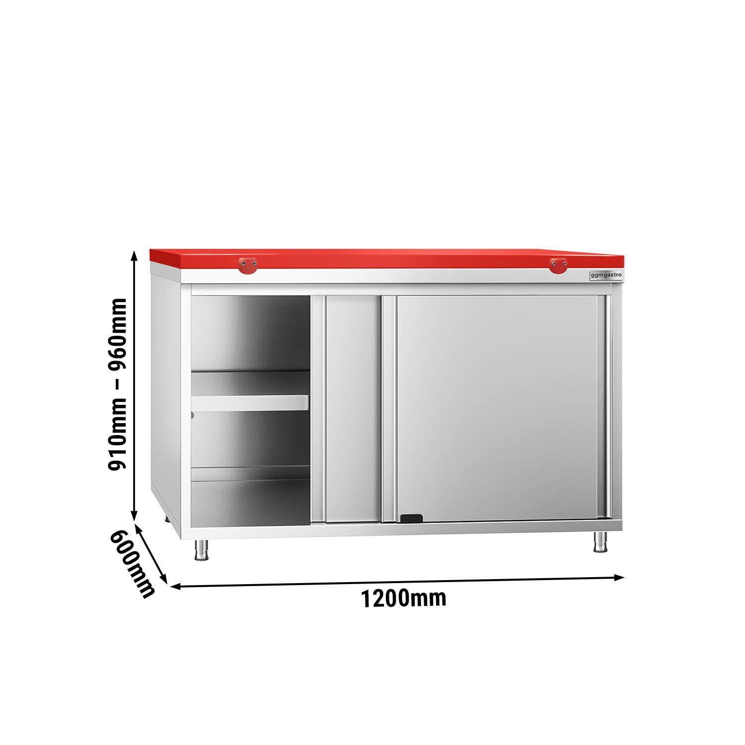 Table armoire en acier inoxydable PREMIUM - 1200x600mm - avec portes coulissantes - pour viandes crues - incl. plateau de découpe Rouge PEHD (HACCP)