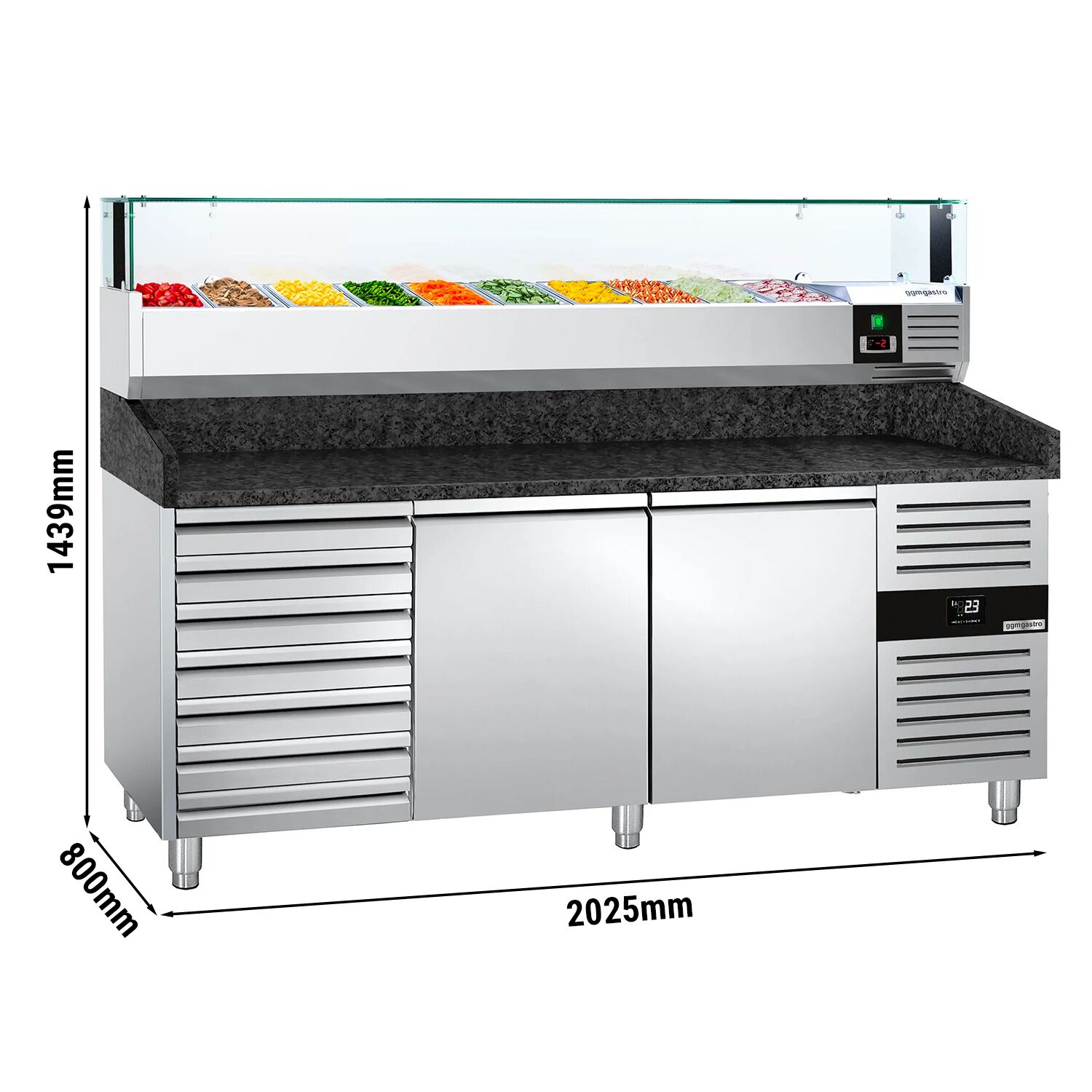 Table réfrigérée à pizza PREMIUM - 2000x800 mm - avec 2 portes & 7 tiroirs - incl. vitrine réfrigérée LED - 10x GN 1/4