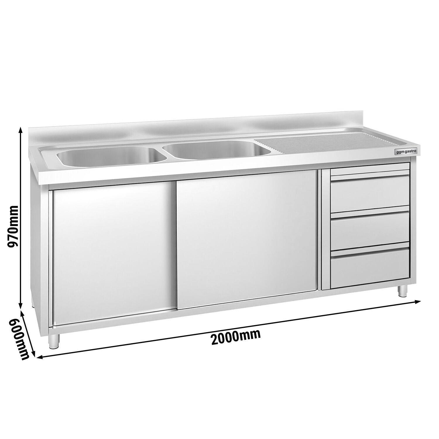 Meuble plonge PREMIUM - 2000x600mm - 2 bacs - 3 tiroirs