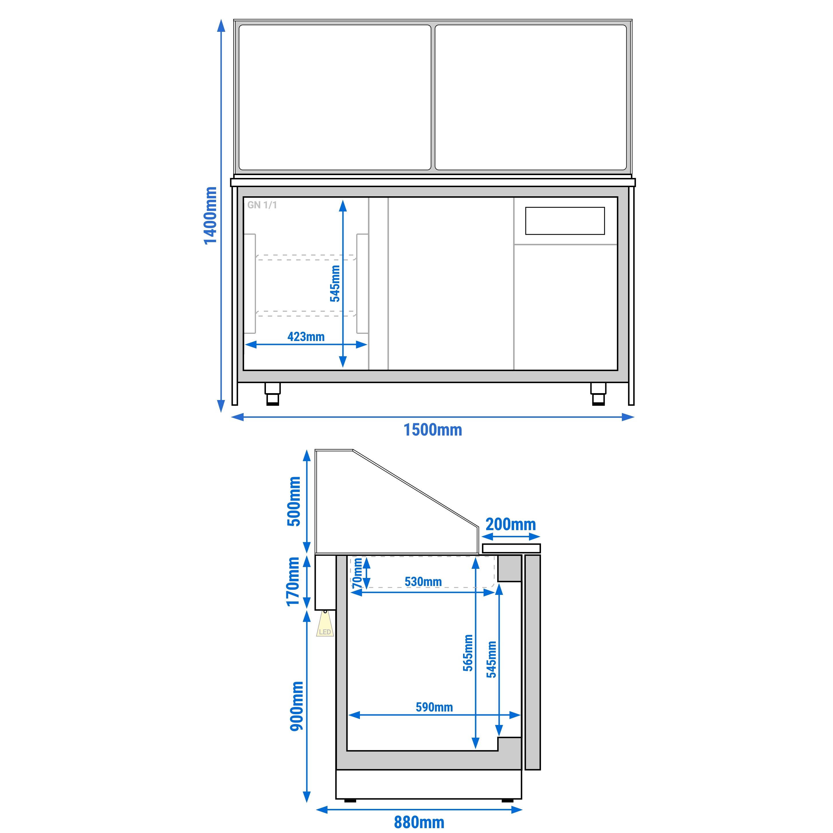 Saladette réfrigérée TORONTO - 1500 mm - Façade noire - 2 portes - Pour 4x GN 1/1 - Plateau de travail en granit noir
