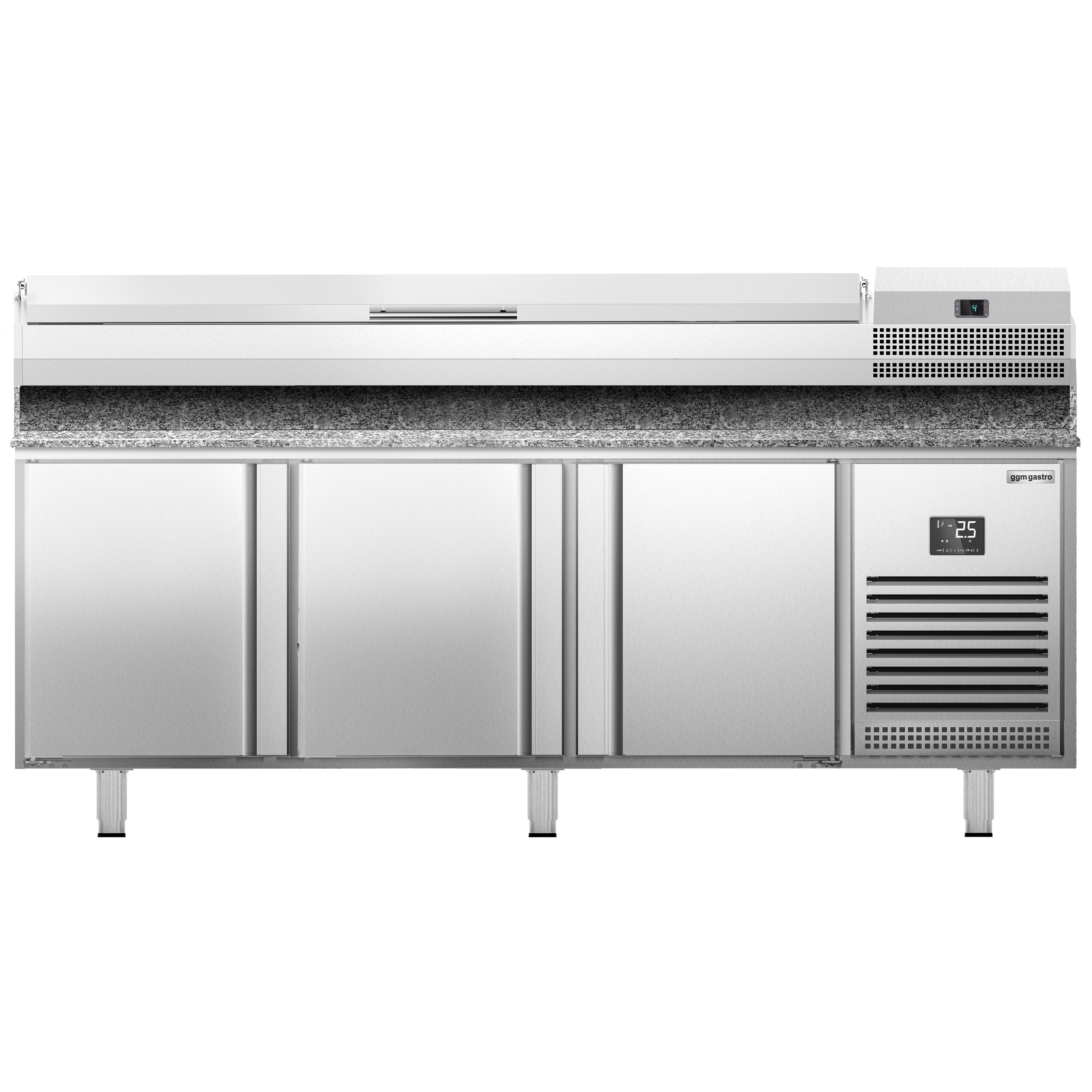 Table réfrigérée à pizza Premium PLUS - 1980 x 700 mm - avec 3 portes - incl. vitrine réfrigérée de présentation - 9x GN 1/4