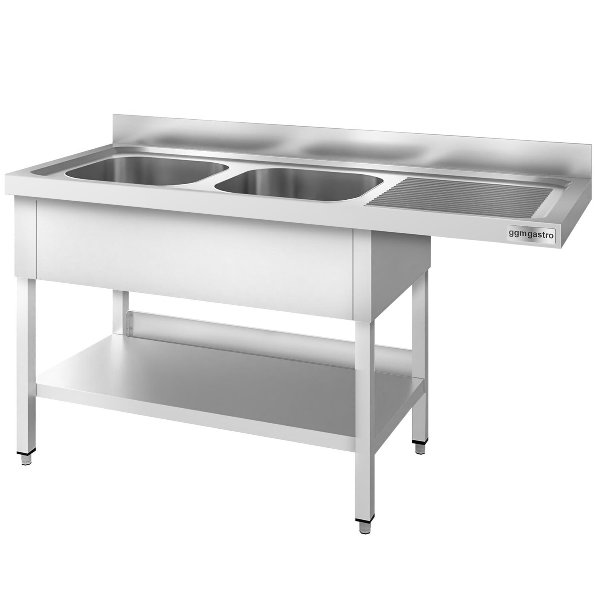 Plonge PREMIUM en acier inoxydable - 1600x700mm - 2 bacs - bac à gauche - avec espace lave-vaisselle - adossée/avec dosseret