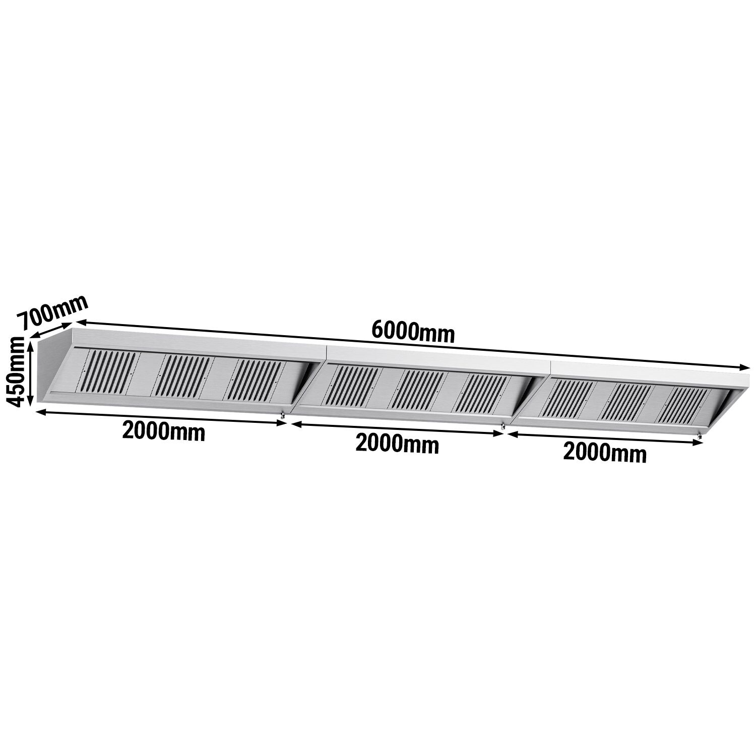 Fali elszívóernyő - 6000 mm - 700 mm mély - Labirintszűrő és világítás - motor nélkül