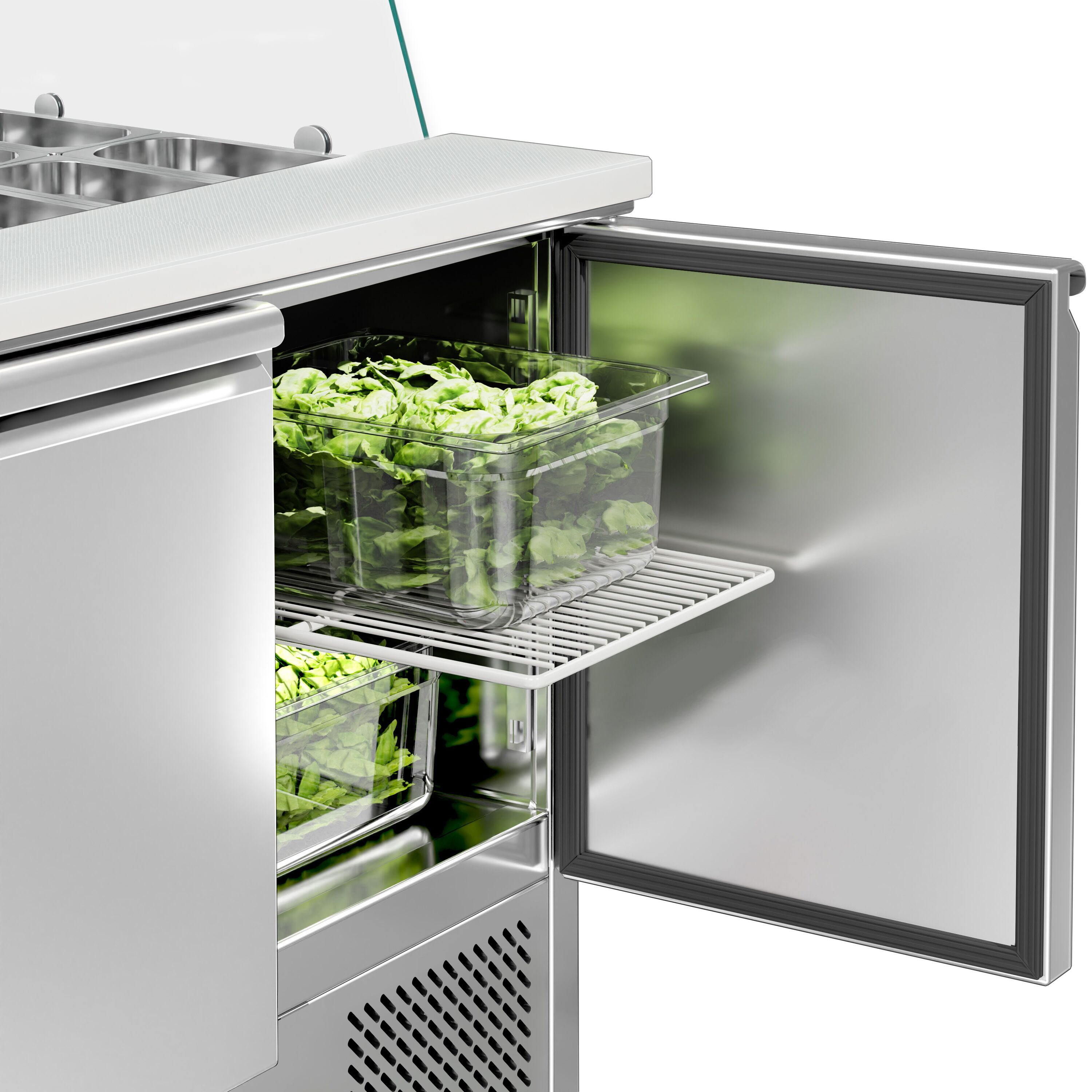 Saladette réfrigérée ECO - 900mm - 240L - 2 portes - avec vitrine de comptoir pour 2x GN 1/1 & 3x GN 1/6