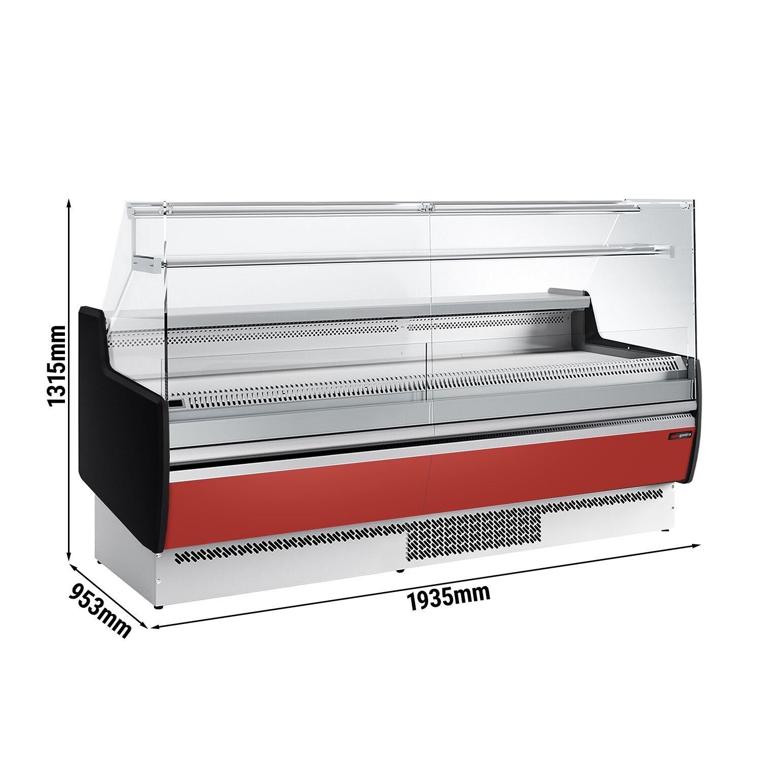 Serve Over Counter - 1935mm - front and sides glass, rear open - capacity 213 litres - red front panel
